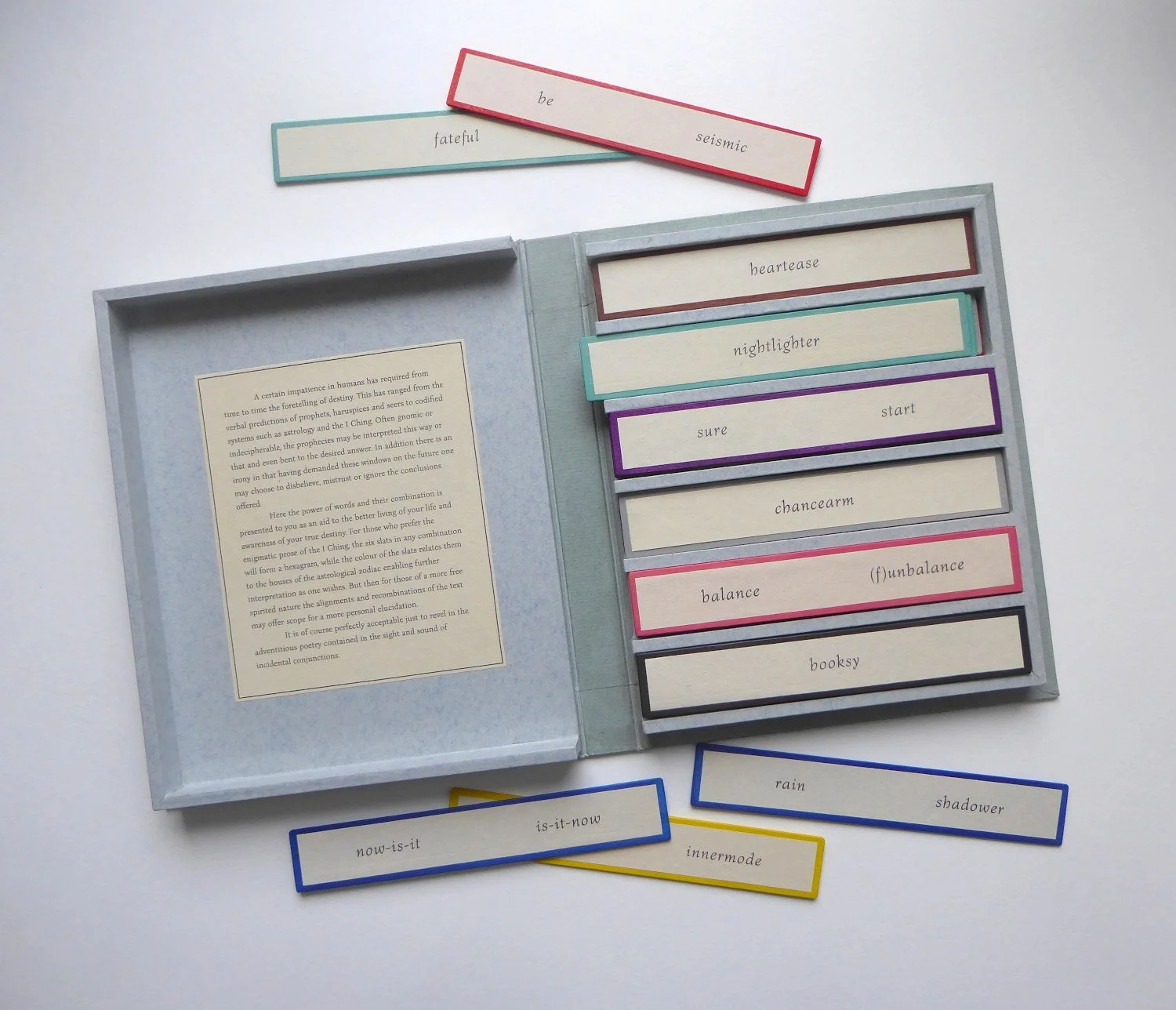 book open with various slats displayed