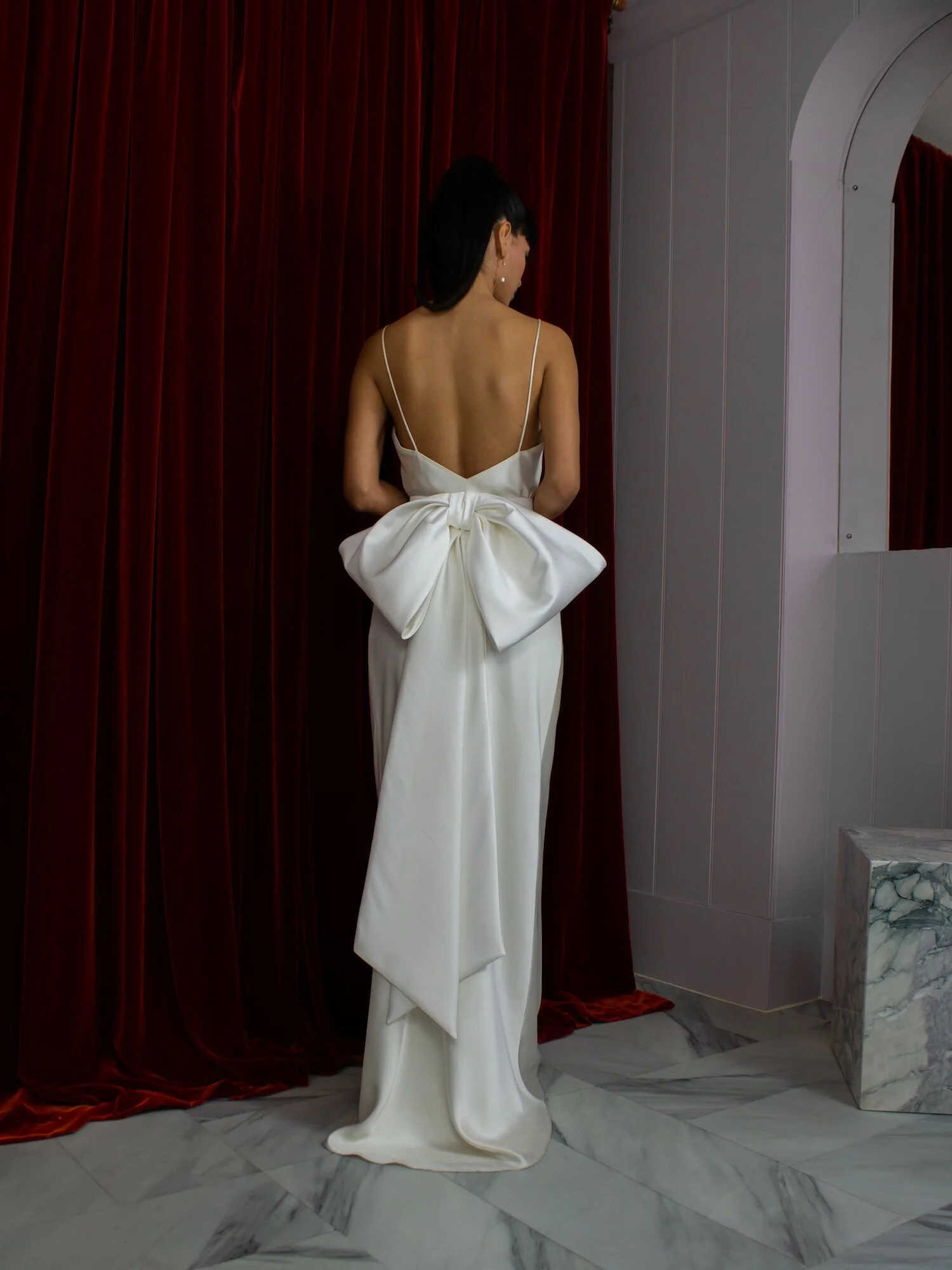 lulus pink dress Off-shoulder Crepe Fishtail Bridal Gown with Detachable Bow