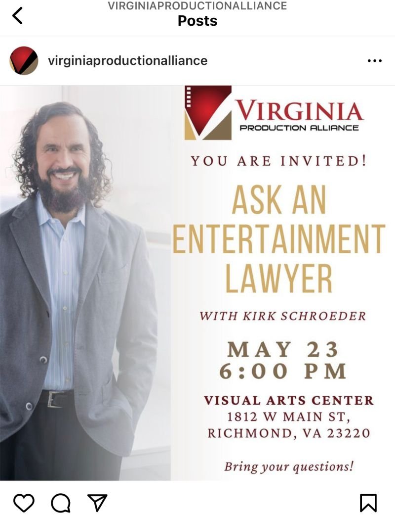 Virginia Production Alliance: Ask An Entertainment Lawyer with Kirk Schroder