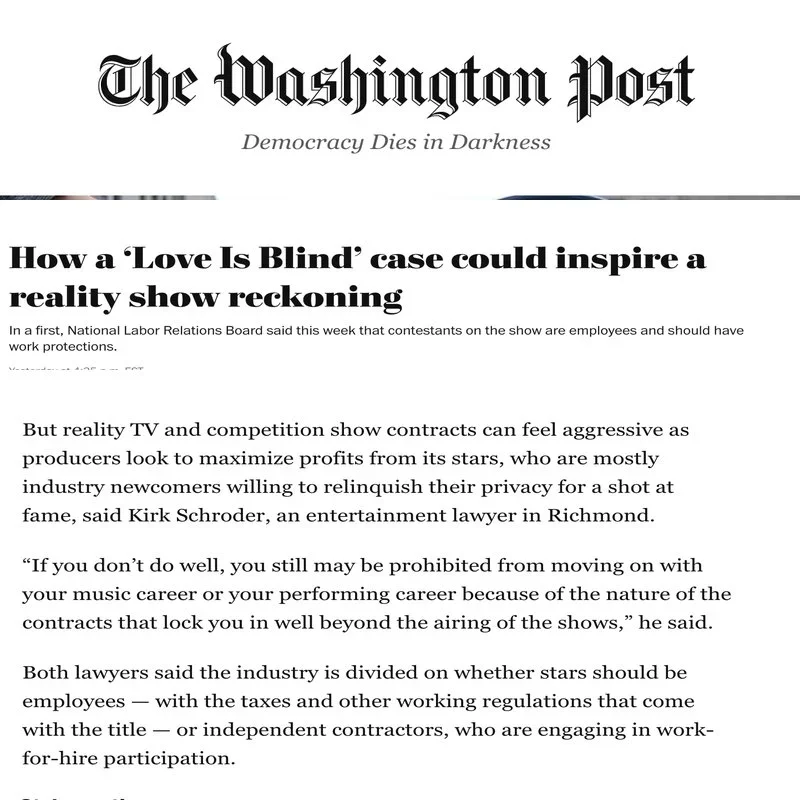 Kirk Schroder Quoted in the Washington Post on employment status of reality TV Participants