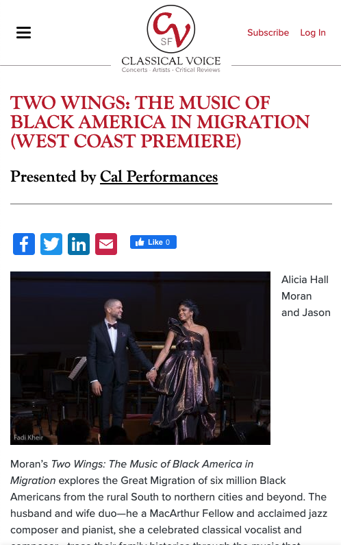 TWO WINGS: THE MUSIC OF BLACK AMERICA IN MIGRATION (WEST COAST PREMIERE) Presented by Cal Performances