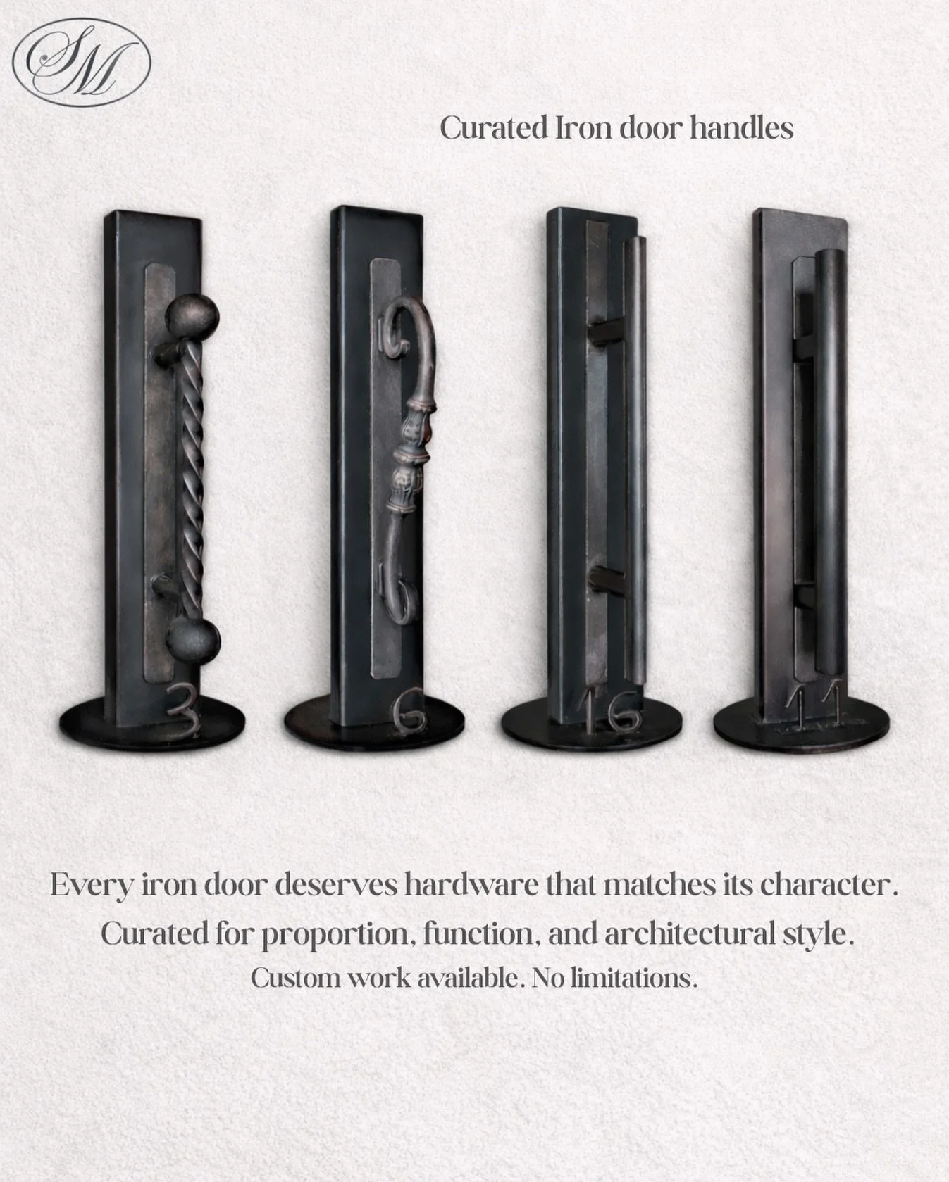 Curated iron door handles, selected for proportion, balance, and architectural intent.
Every detail matters.
Custom options always available.