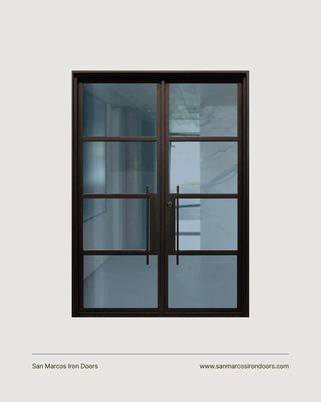 Clean lines. Timeless design. Effortless luxury. 

This modern double iron door makes a bold first impression while keeping things sleek and minimal. With large glass panels that bring in natural light and a strong steel frame built to last, it&rsquo