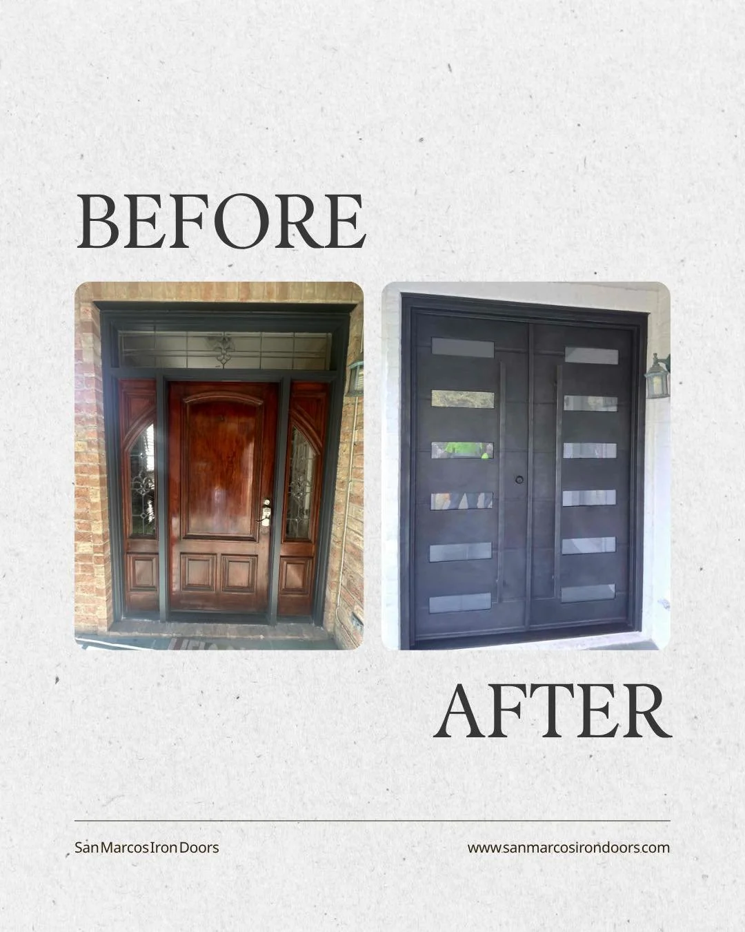 Out with the ordinary, in with custom. Designed to stand out, built to last. #IronDoors #BeforeAndAfterHome #ModernEntryway #LuxuryHomes #CurbAppeal