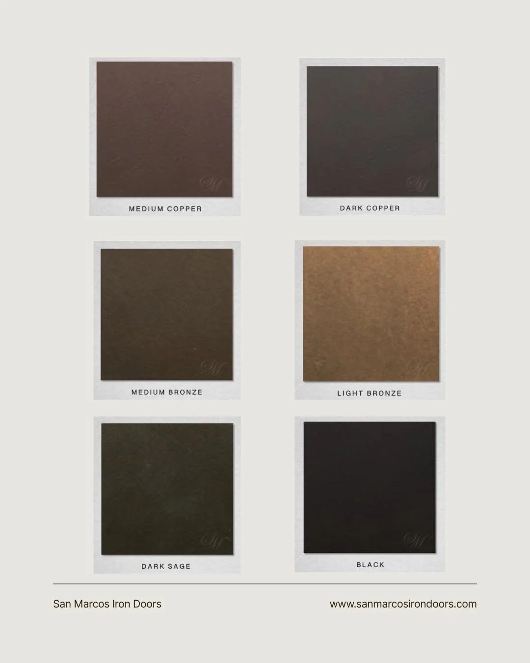 Our most requested finishes&hellip; and for good reason. From rich coppers to timeless black, these tones are what luxury entryways are made of.

Which one are you choosing? 👀

#IronDoorFinishes #LuxuryDetails #CustomIronDoors #HomeDesignInspo #SanM