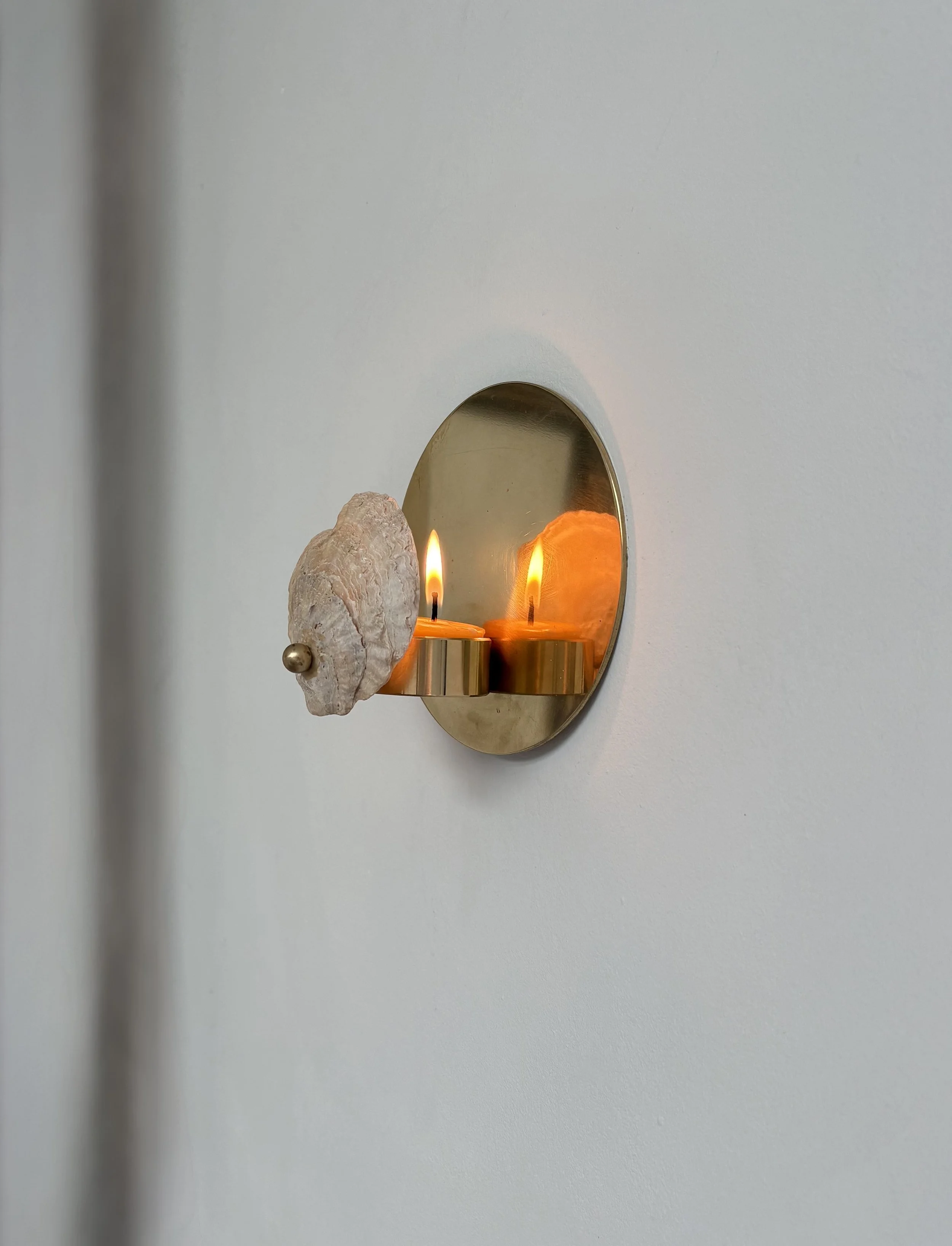 NORFOLK OYSTER OR SCALLOP SHELL ON 13CM BRASS CIRCLE SCONCE.