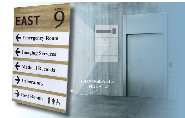 Directory Solutions - When entering a facility or exiting an elevator, visitors need directional guidance to locate their intended destination.  This guidance may be with changeable inserts or fixed messaging.Single or multiple window slots for changeable inserts can be added at a truly value engineered cost.