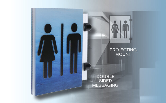 Projecting Solutions - Controlling people traffic down a long hallway can be accomplished with Projecting Signs.  While at the beginning of a hallway the visitor can easily determine if the destination is at hand.  This works especially well with often used functions such as restrooms, elevators, vending machines and stairs.Signage is available in virtually any size your design specifies…no extra charges for off sizes – never a restriction to colors, graphics, patterns, window sizes, etc.