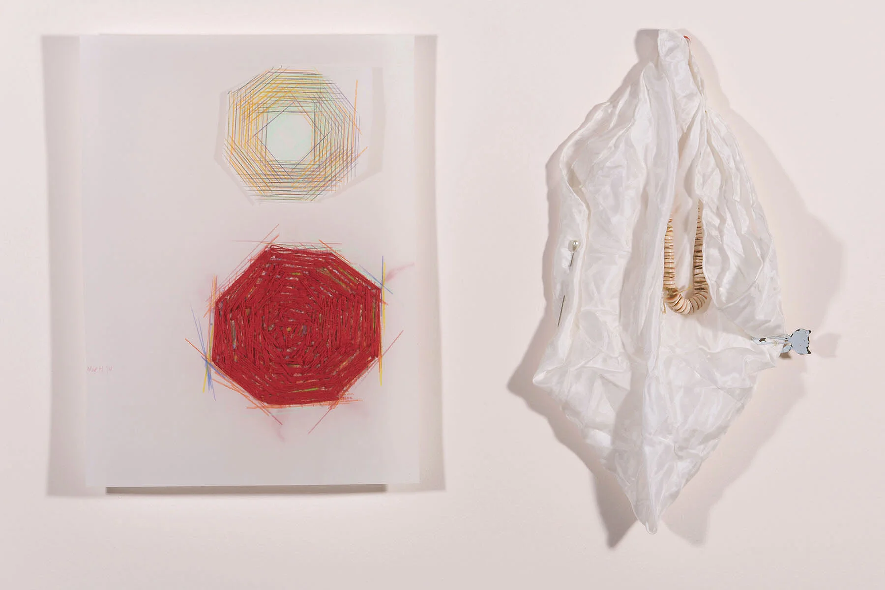 Mimi -Octagon (Left) Thread, pencil on vellum. Bibi - The First (Right) Cloth, beads, pins