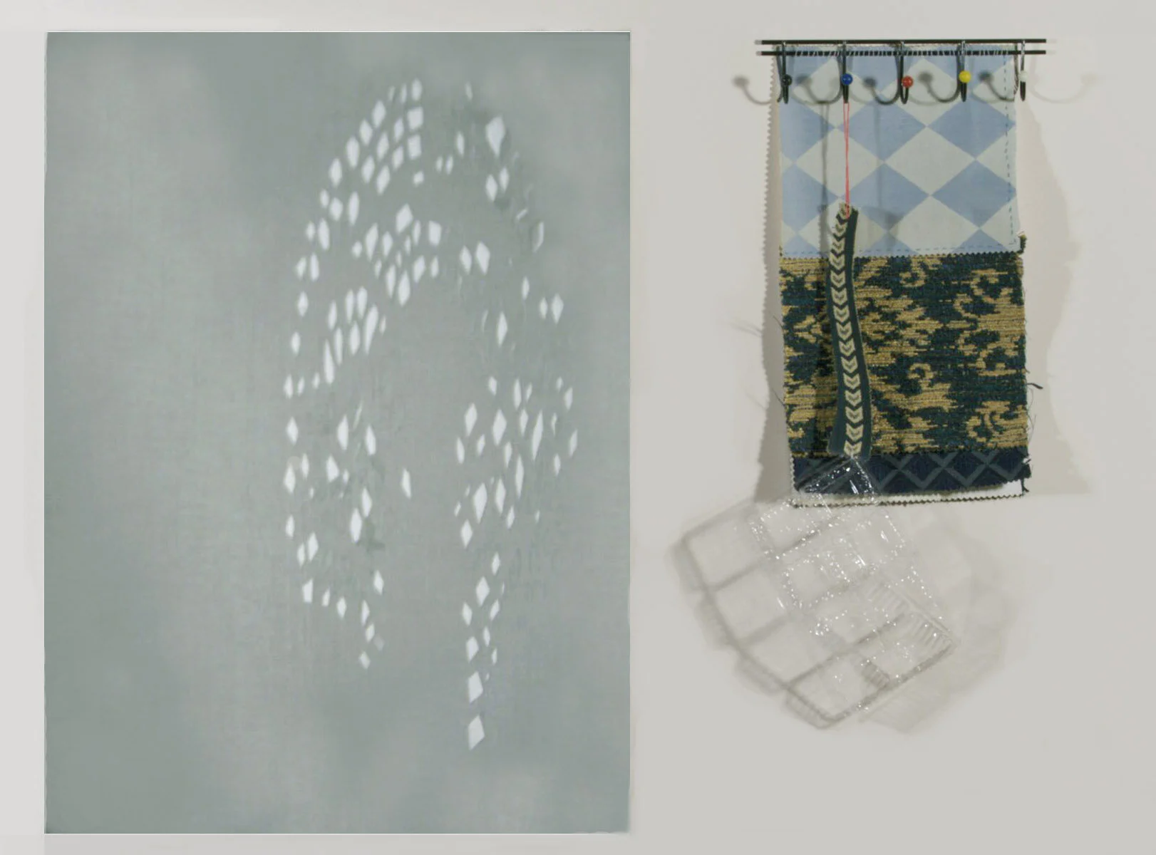 Mimi (Left) Blue Diamonds-cut fabric. Bibi (Right) Blue Diamonds- fabric, found objects