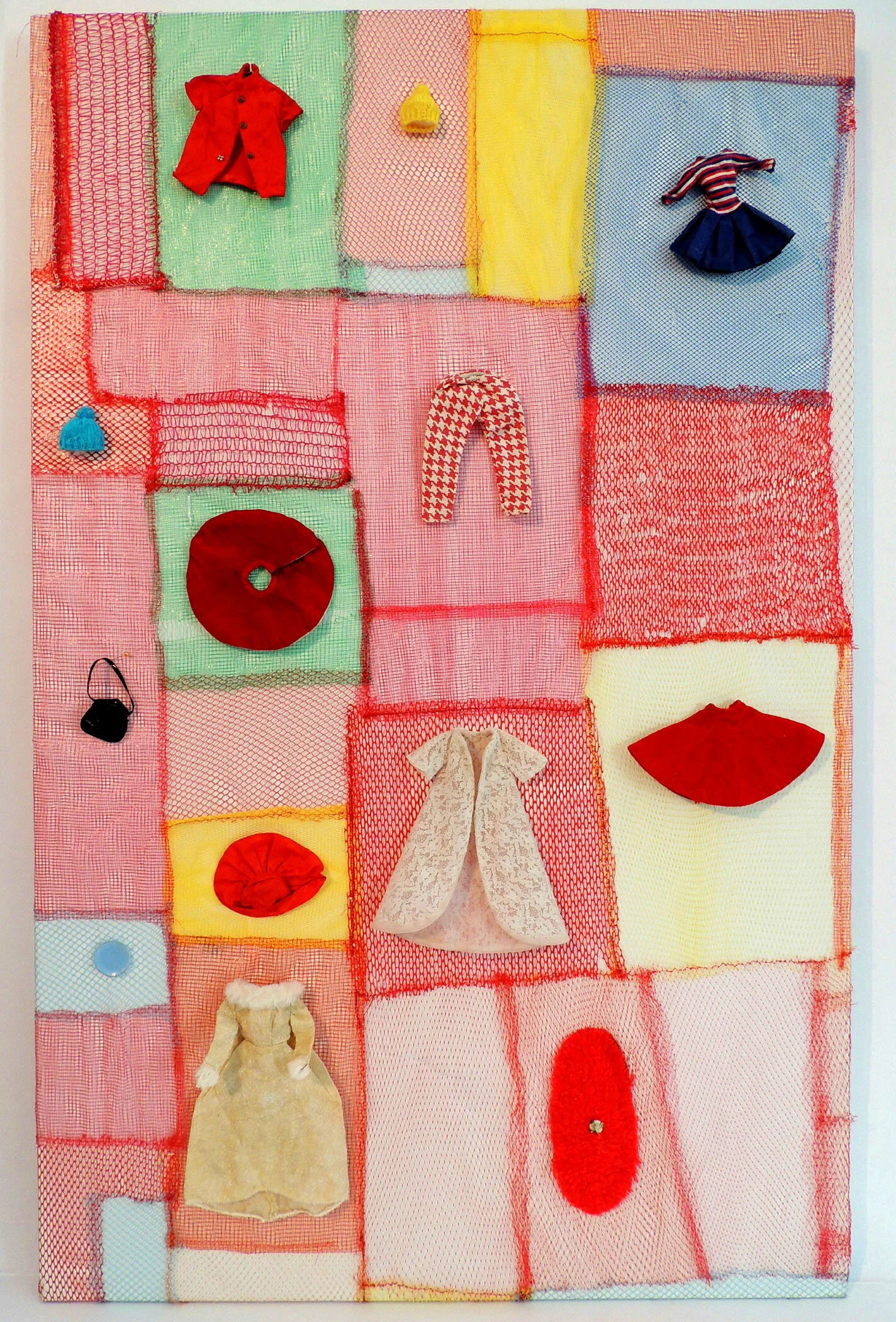 Mary Rose's Doll clothes on quilted mesh bags on canvas 48" H x 30" W