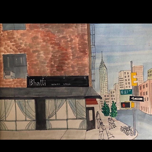 A mother painted this rendering of 
B H A T T I for her daughter who lives in NYC and frequents us. She made this for her to include in her graduation album. Her standard order: dal makhani, paneer tikka, butter naan! This is true love and we love yo