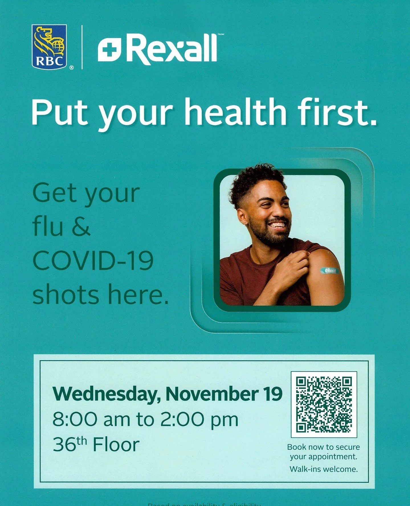 Heads up! 👋 You can stop by Royal Centre on November 19 for your flu &amp; COVID-19 shot. See image for details!