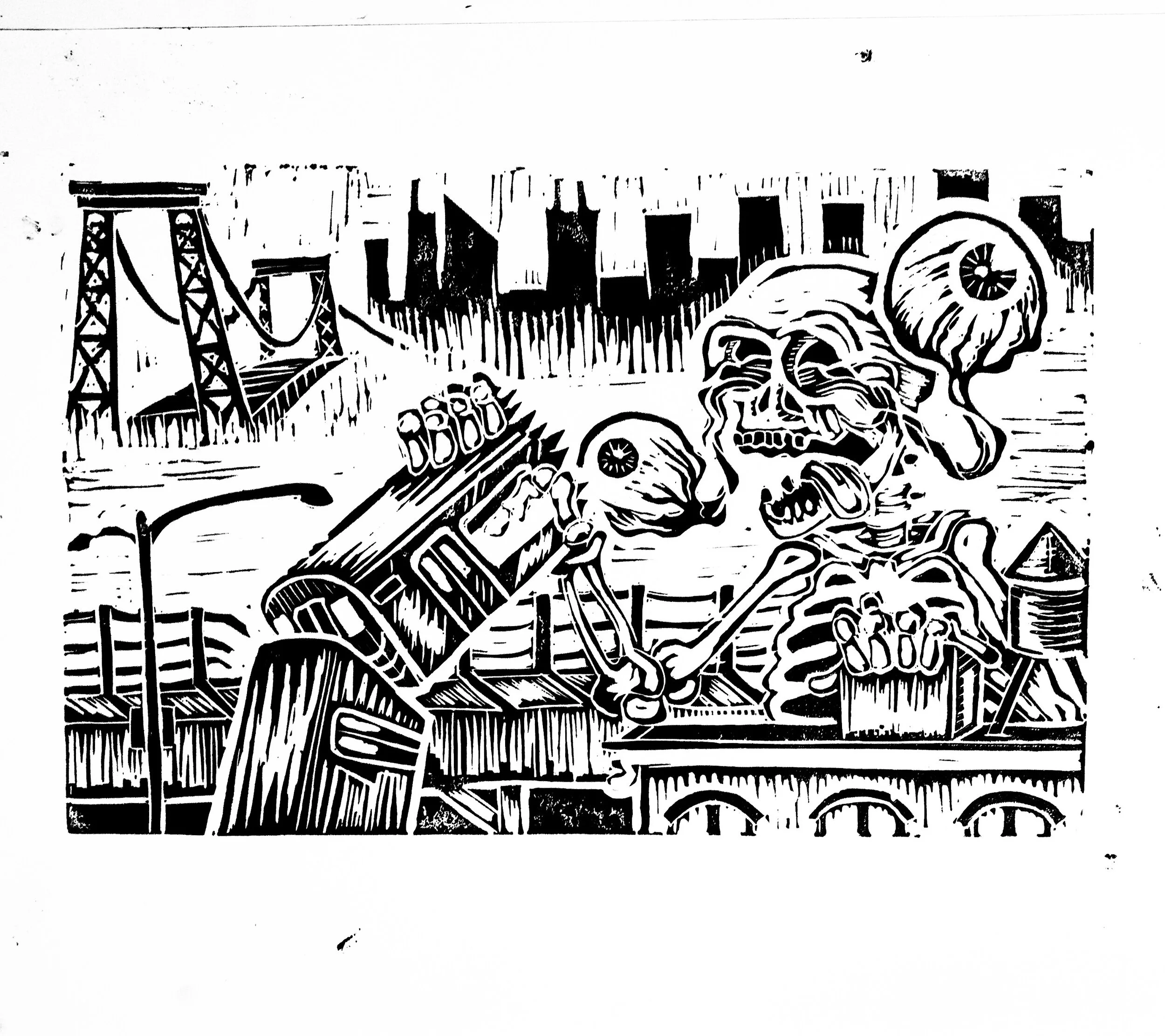 Kisin in Bushwick (linoleum print)