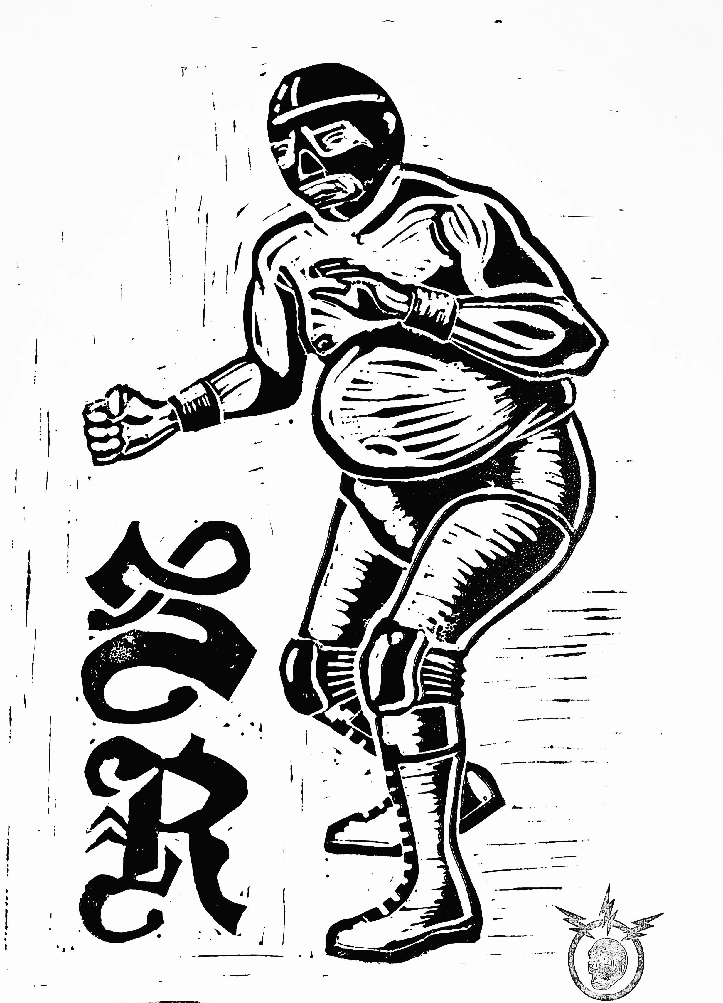 Sancho Rudo Luchador (linoleum print)