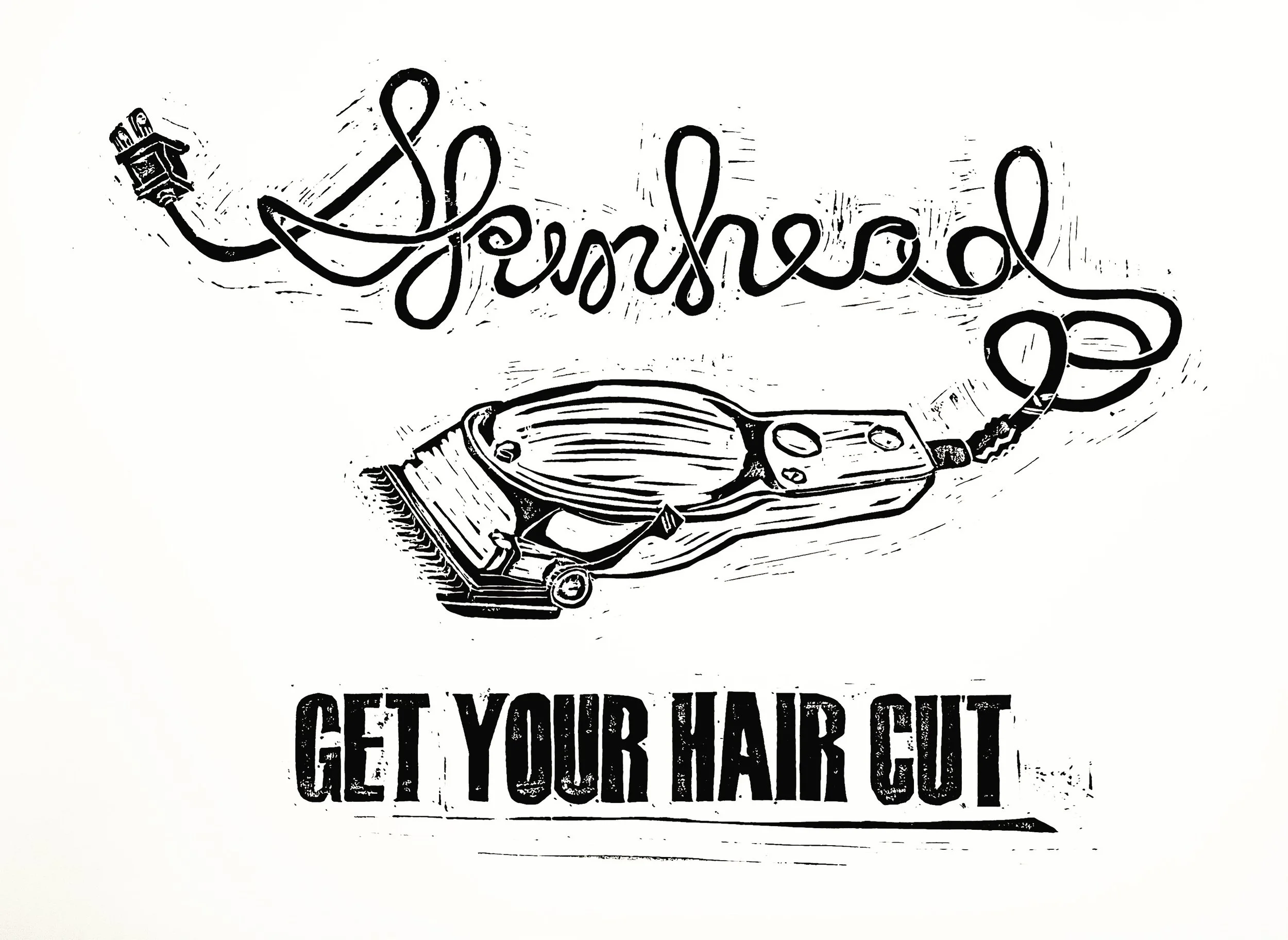 Skinhead Get Your Hair Cut (linoleum print)