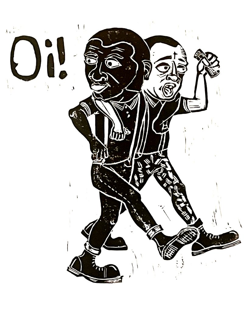 Bruvs in Arms (linoleum print)