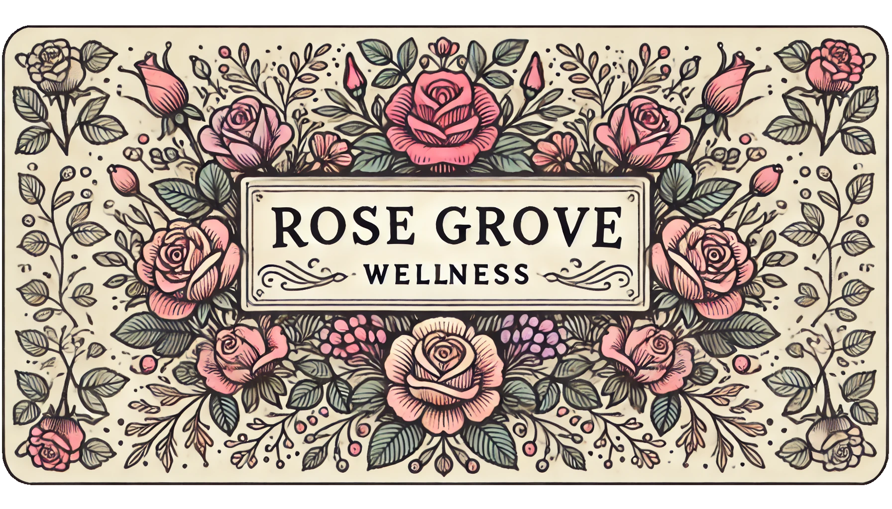 A decorative sign for Rose Grove Wellness surrounded by pink roses, buds, leaves, and floral designs in black, pink, green, and purple colors.