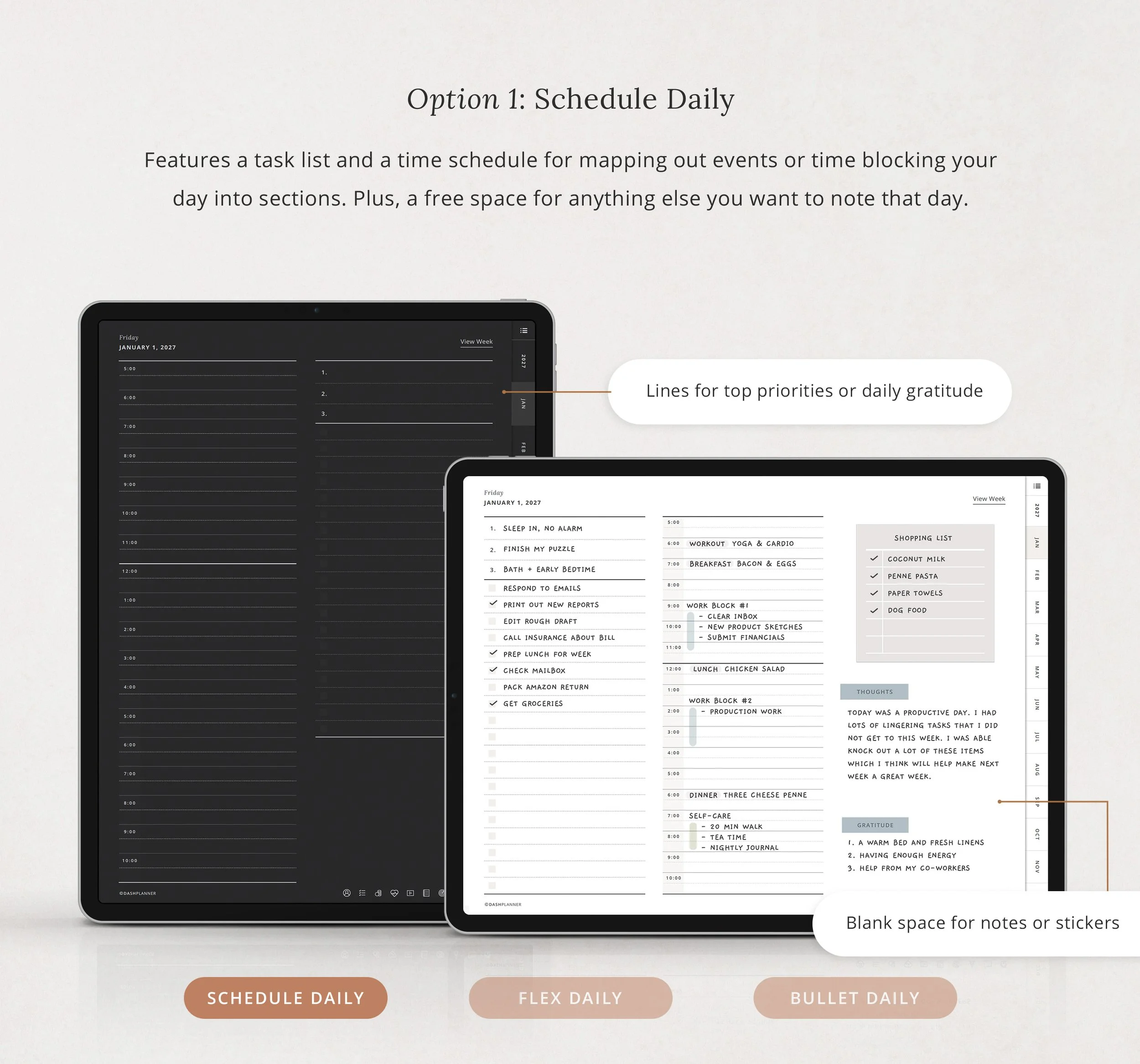 Schedule Daily planner page in light and dark mode with top priorities, a task list, an hourly time-blocking schedule, and blank space for notes or stickers. (Copy)