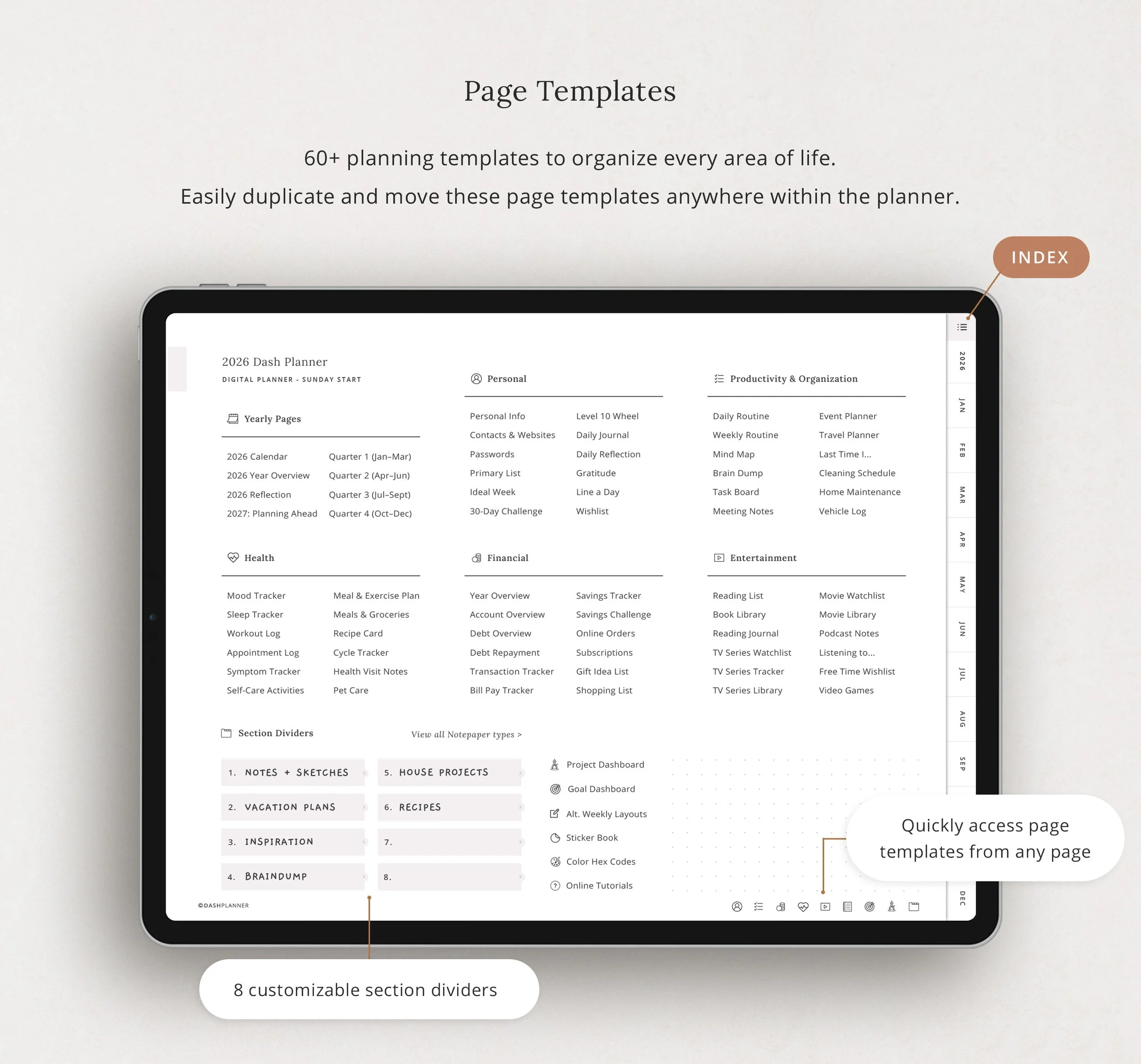 2026 Planner Page Templates Index