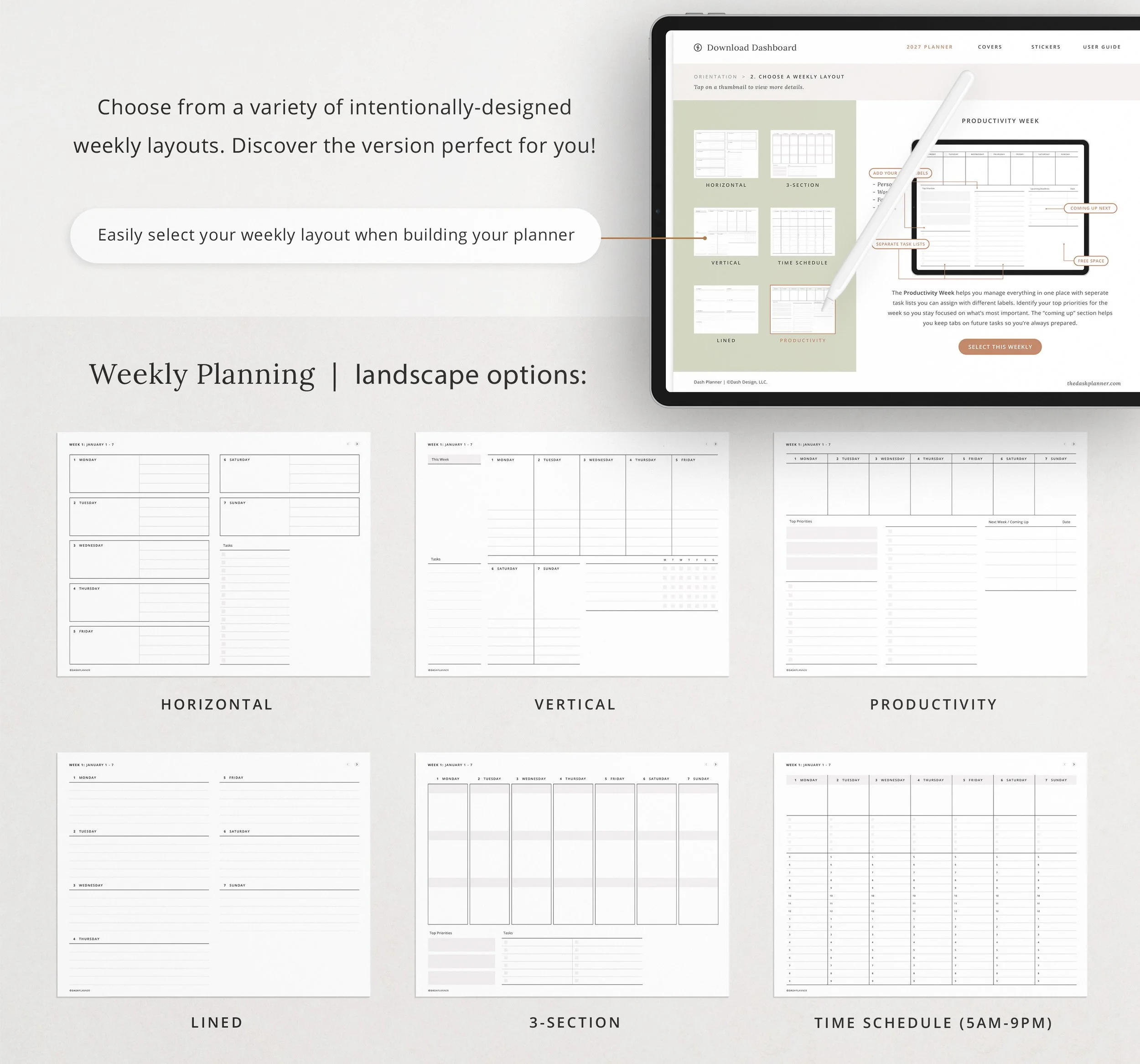 Six landscape weekly planner layouts: horizontal, vertical, productivity, lined, 3-section, and time schedule 5am to 9pm, selected in the Download Dashboard. (Copy)