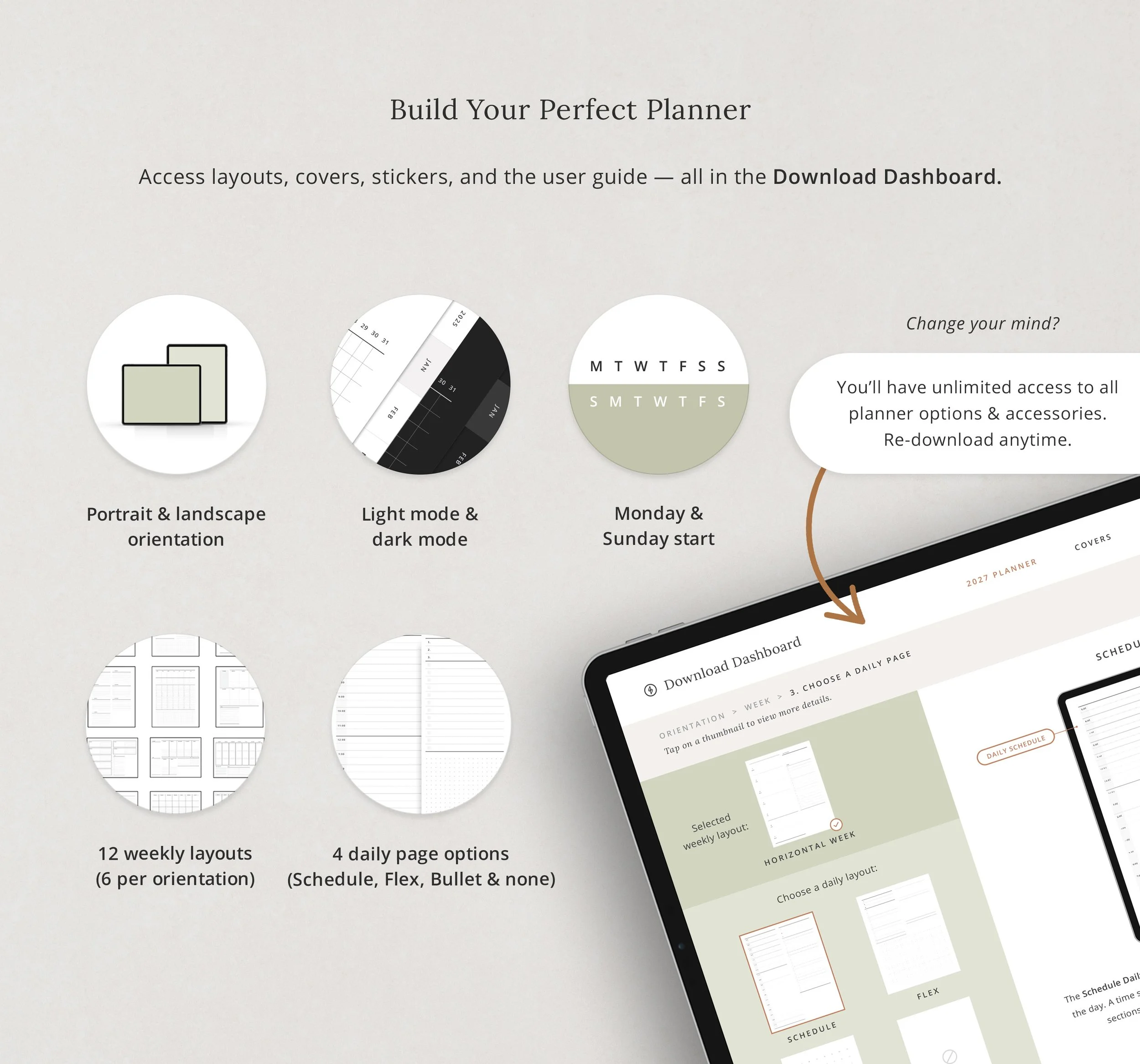 Customizable digital planner options: portrait or landscape, light or dark mode, Monday or Sunday start, 12 weekly layouts, and 4 daily page options, chosen in the Download Dashboard. (Copy)