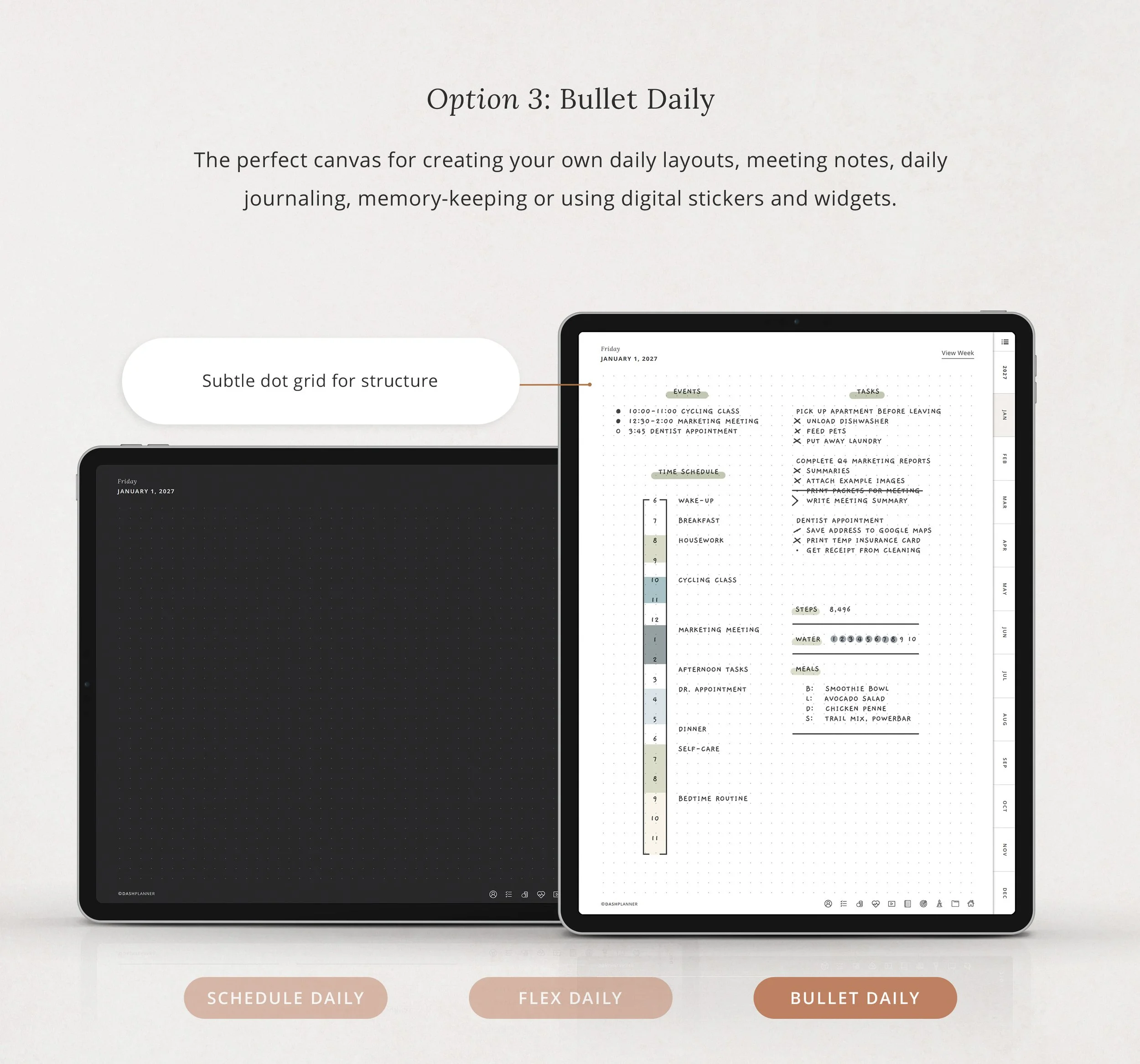 Bullet Daily dot grid page in light and dark mode, shown as a bullet journal style layout with events, tasks, a time schedule, and meal and water tracking. (Copy)