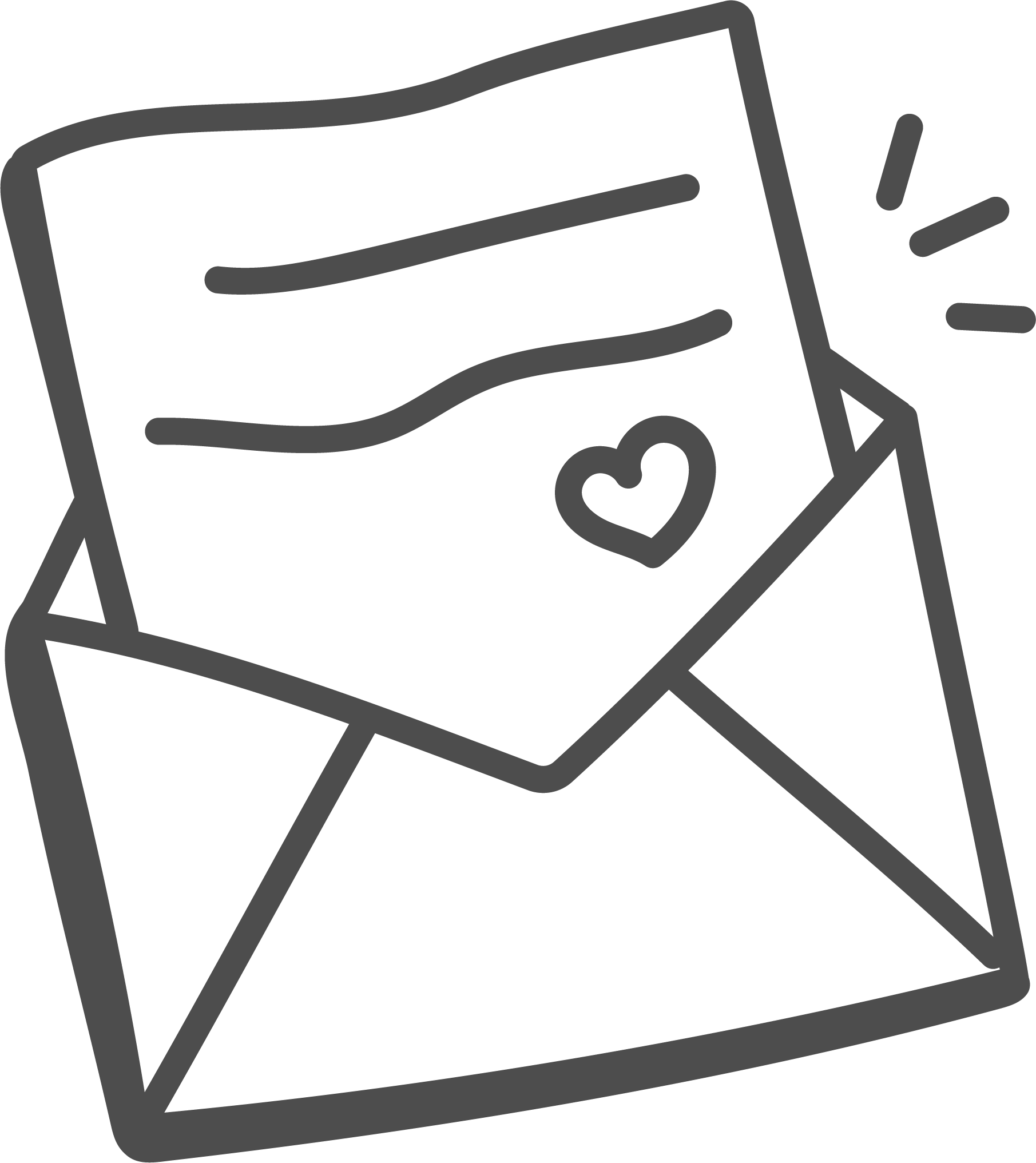 Outline drawing of a box with a card inside, showing a heart symbol and a three-dot menu icon.