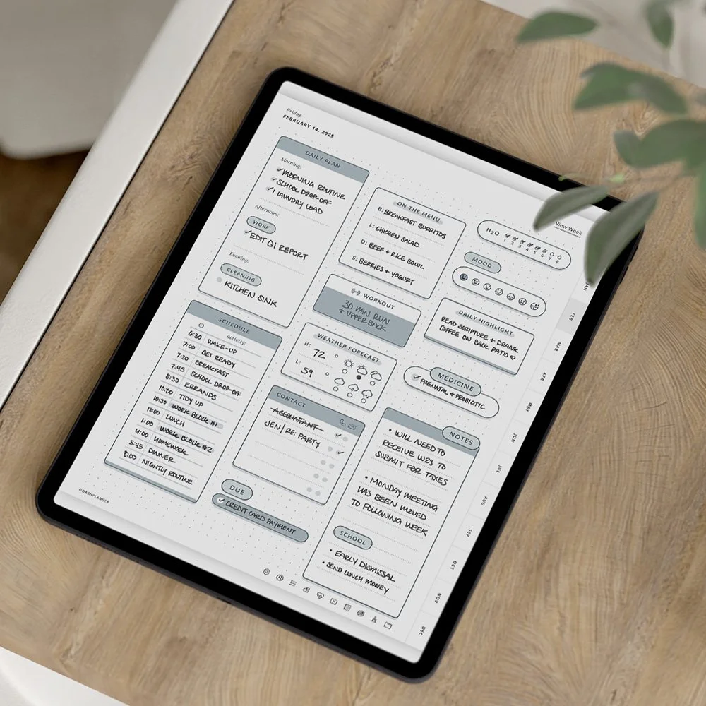 Top view of a tablet displaying a digital daily planner with a schedule, weather forecast, workout plan, and reminders, placed on a wooden desk with a plant partially in view.