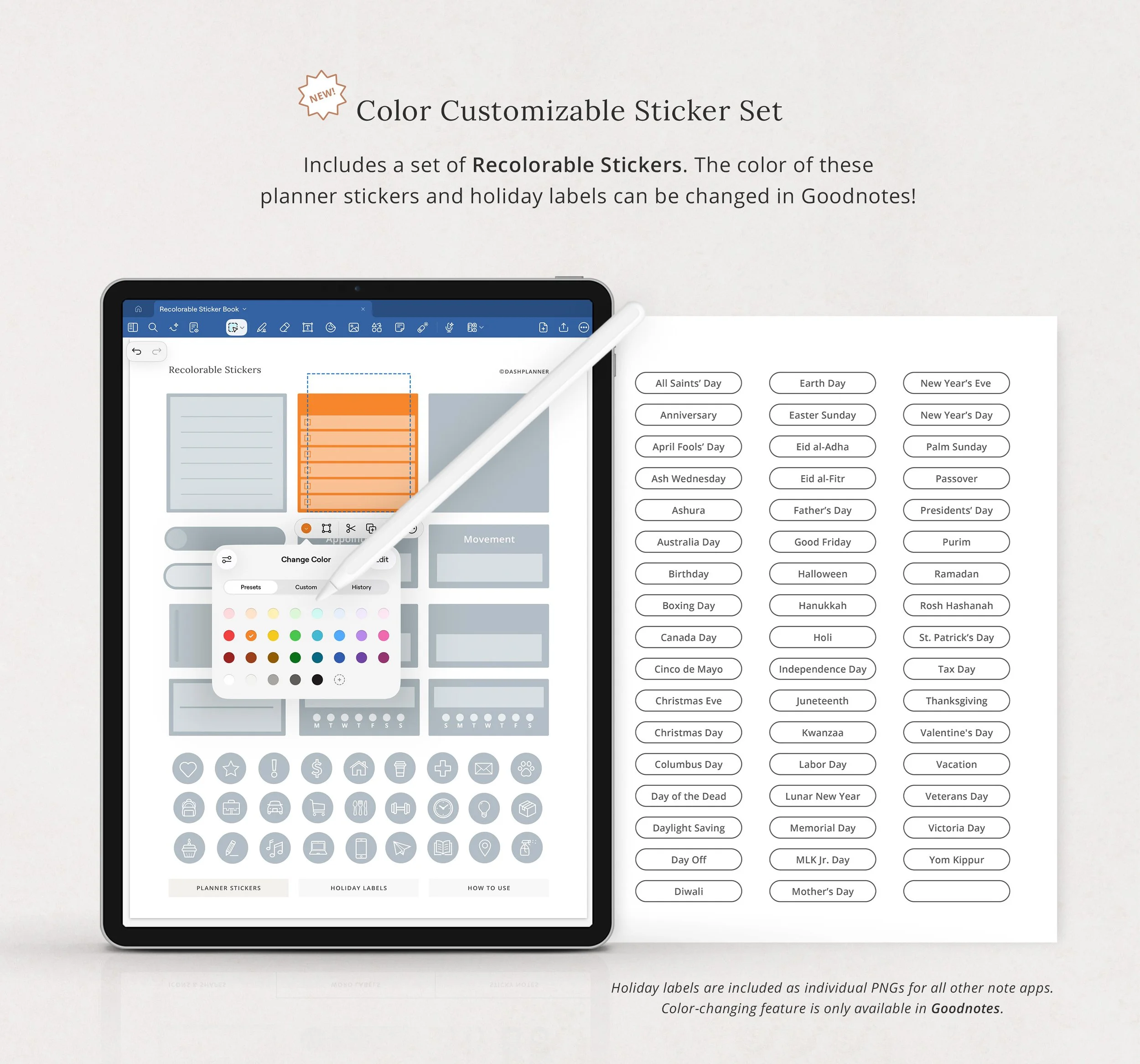 New recolorable digital planner stickers and holiday labels, shown changing color in Goodnotes on iPad. Holiday labels also included as PNGs for other apps. (Copy)