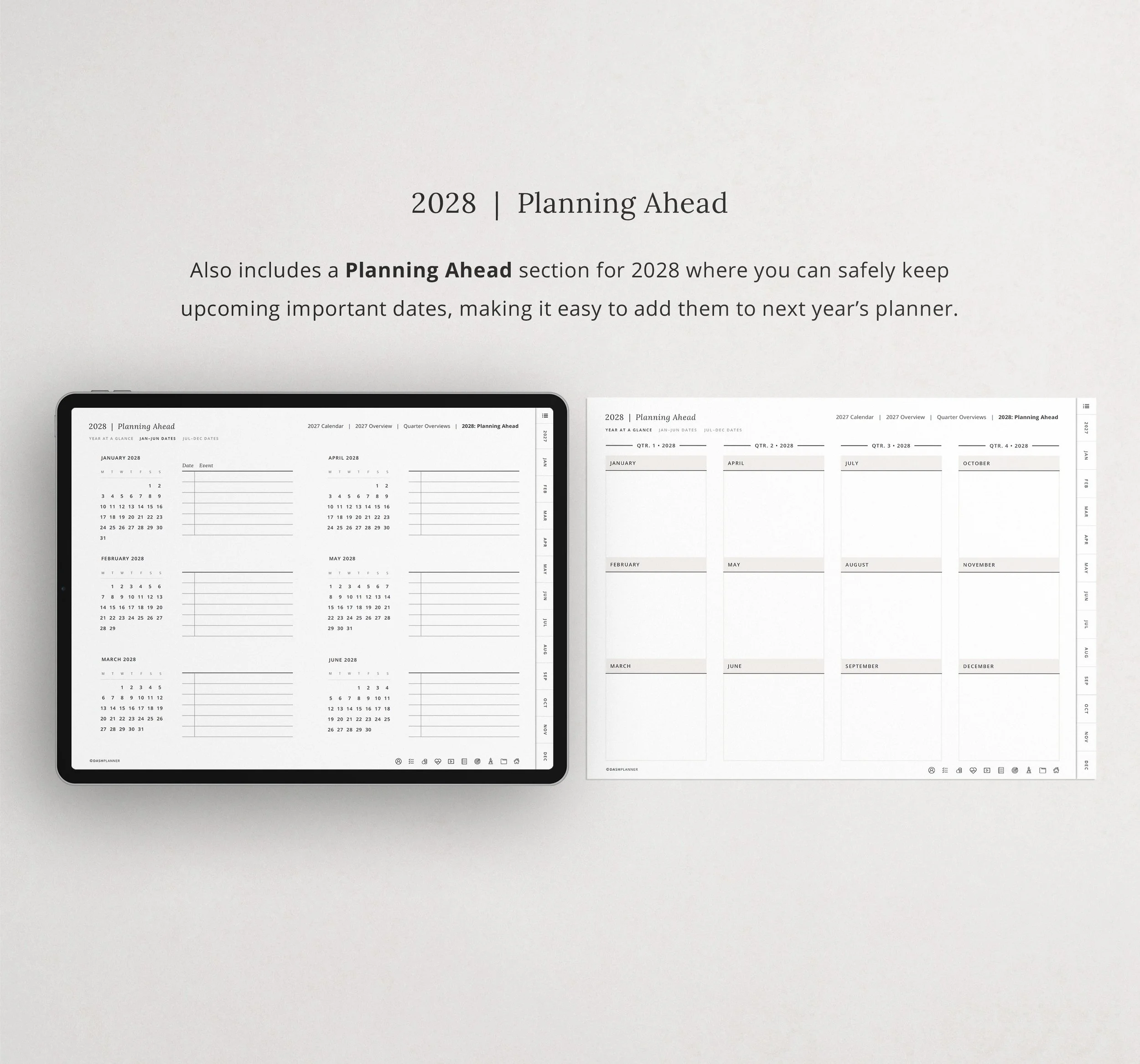 2028 Planning Ahead pages in the 2027 digital planner, with monthly mini calendars and date lines for keeping track of upcoming events next year. (Copy)