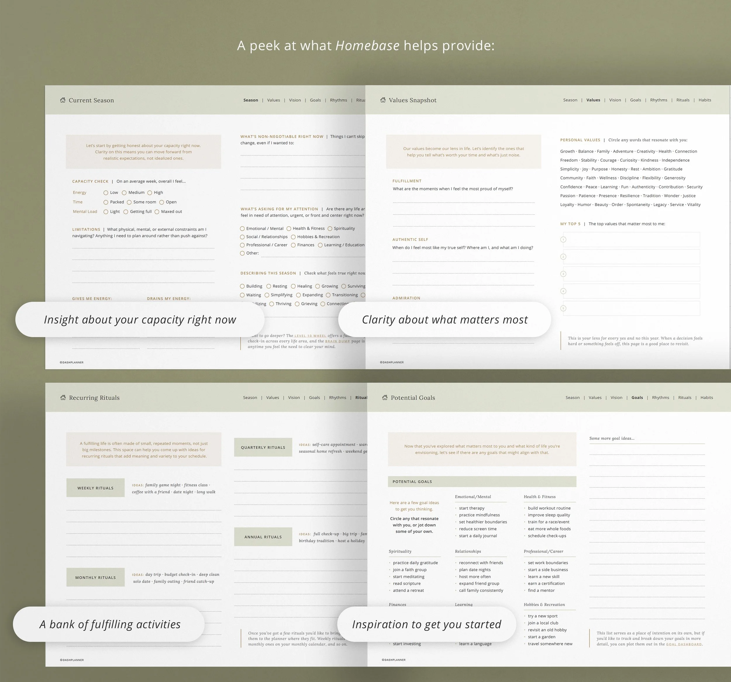 Homebase workbook pages in the 2027 digital planner: Current Season capacity check, Values Snapshot, Recurring Rituals idea bank, and Potential Goals list. (Copy)
