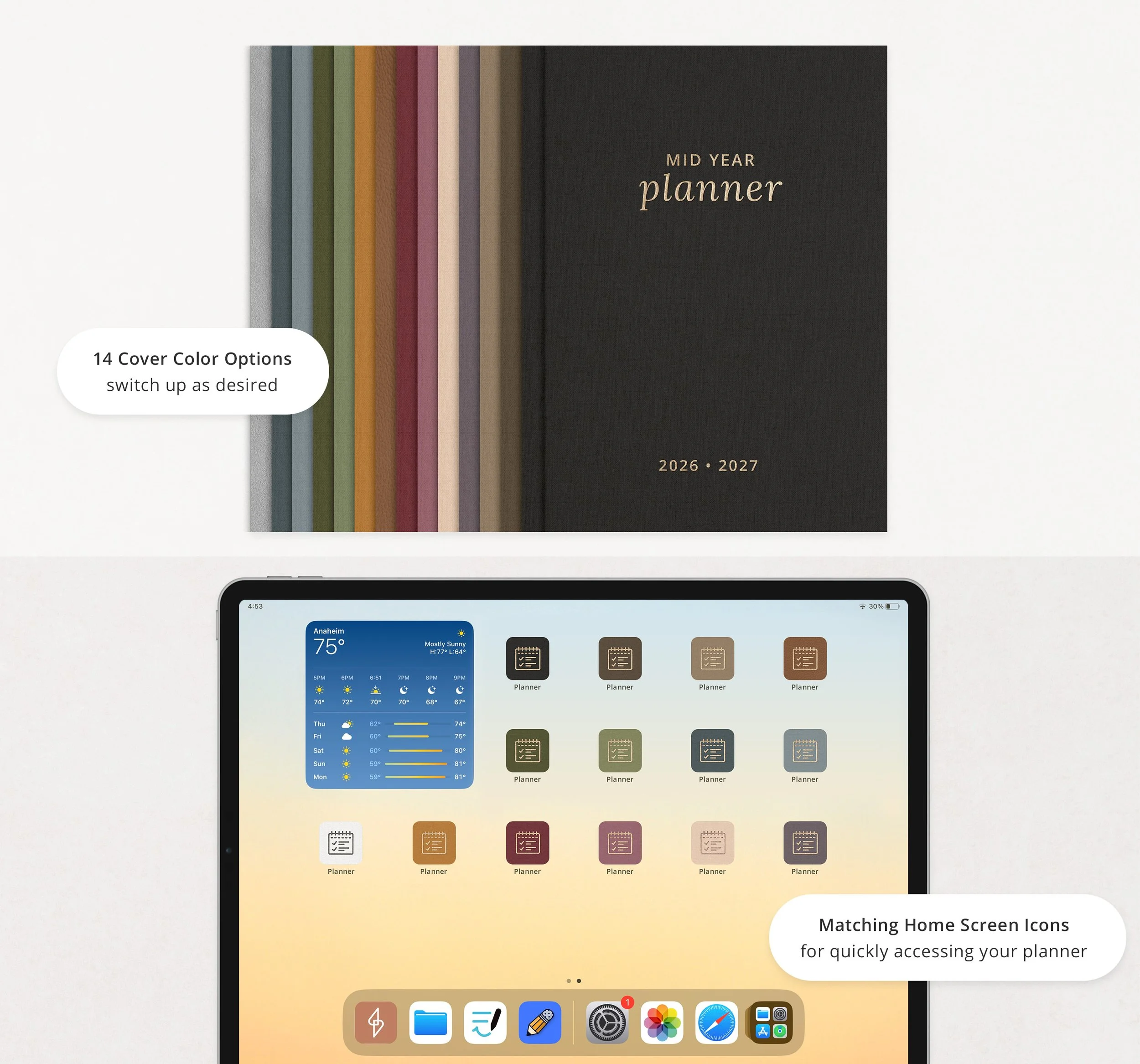 Digital mid-year planner showing 14 cover color options fanned out, alongside an iPad home screen with matching planner shortcut icons in every color