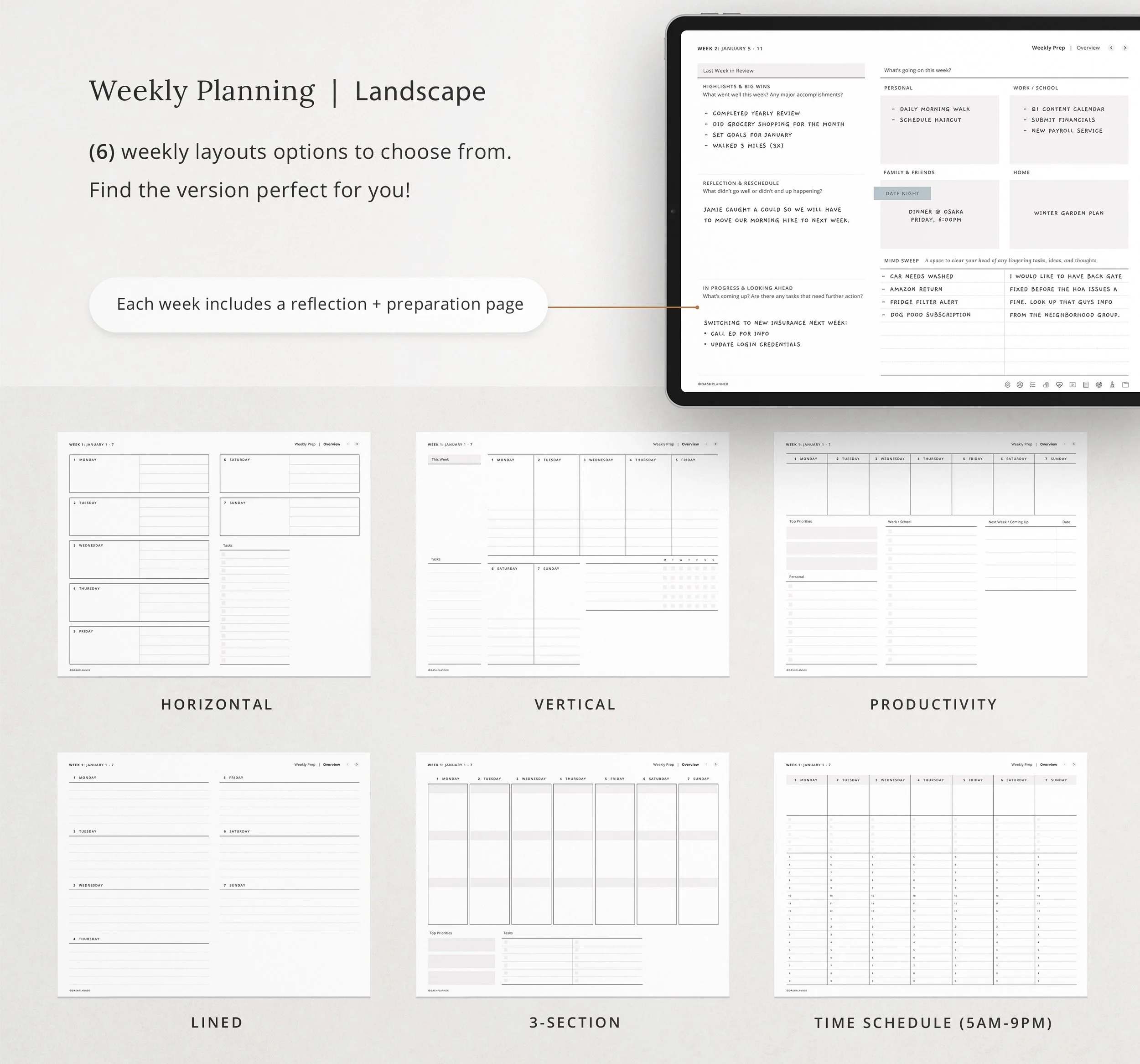 Digital mid-year planner showing six landscape weekly layout options including horizontal, vertical, productivity, lined, 3-section, and time schedule styles