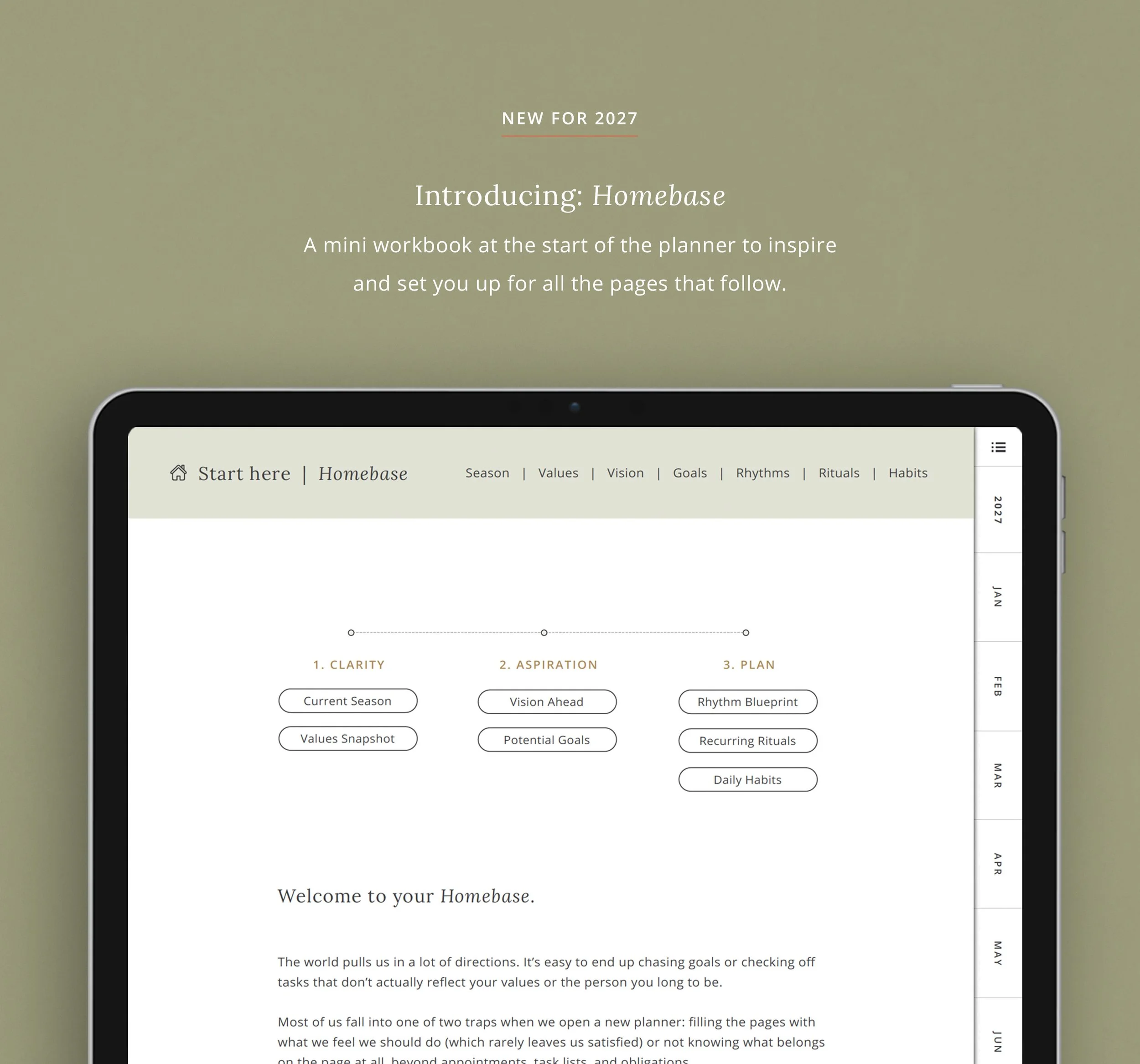 New for 2027: Homebase, a mini workbook at the start of the digital planner that walks through clarity, aspiration, and planning pages before the year begins. (Copy)