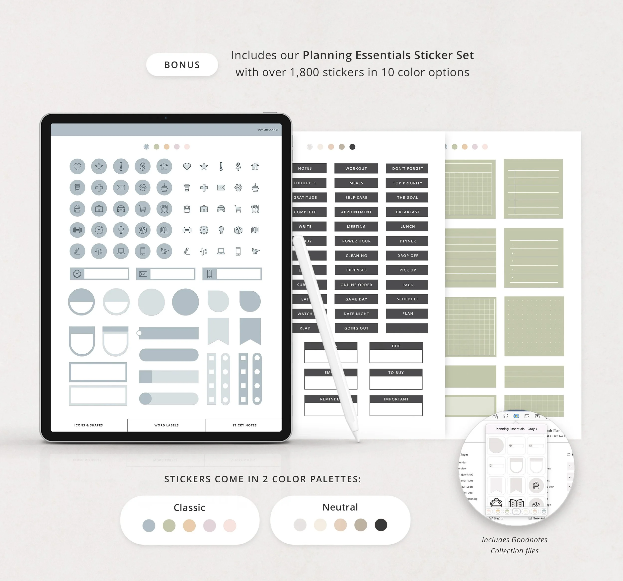 Bonus Planning Essentials digital sticker set included with the mid-year planner, showing icon sheets, word labels, and sticky notes in Classic and Neutral color palettes