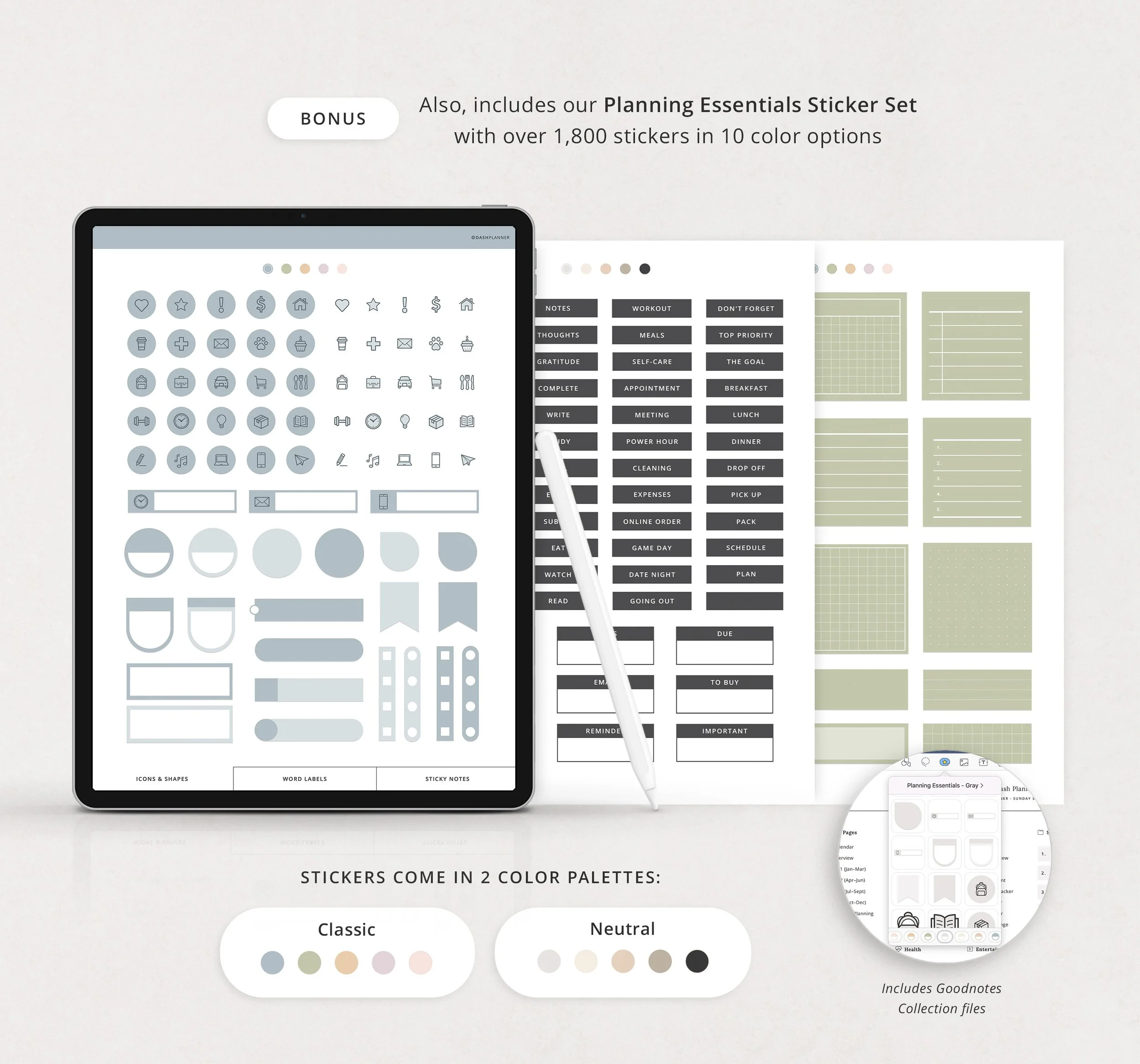 Bonus Planning Essentials digital sticker set with over 1,800 icons, word labels, and sticky notes in Classic and Neutral palettes, with Goodnotes collection files. (Copy)