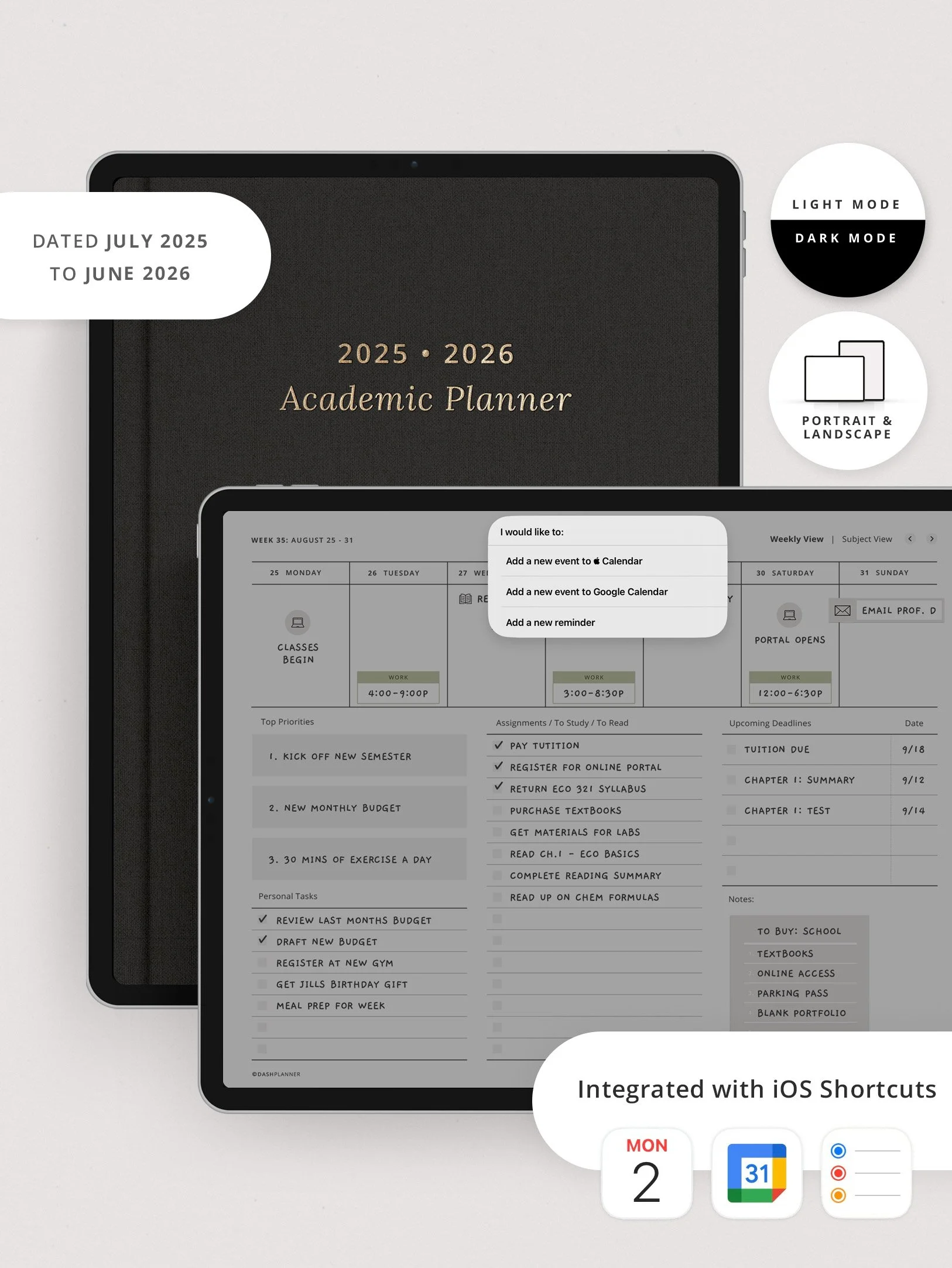 2025-2026 Academic Planner with Shortcuts