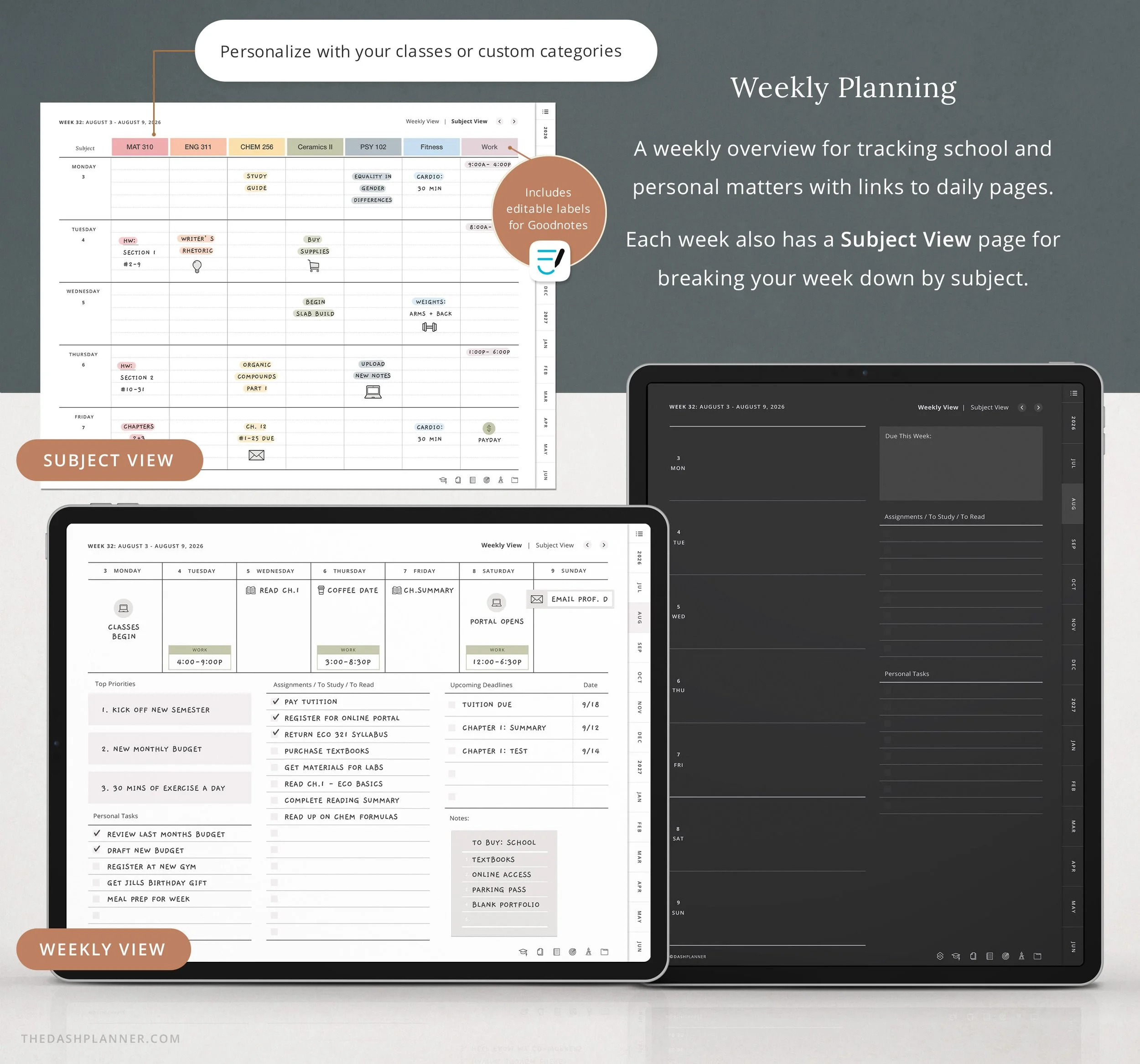 Weekly planning pages for tracking school and personal tasks, with a subject view and links to daily pages