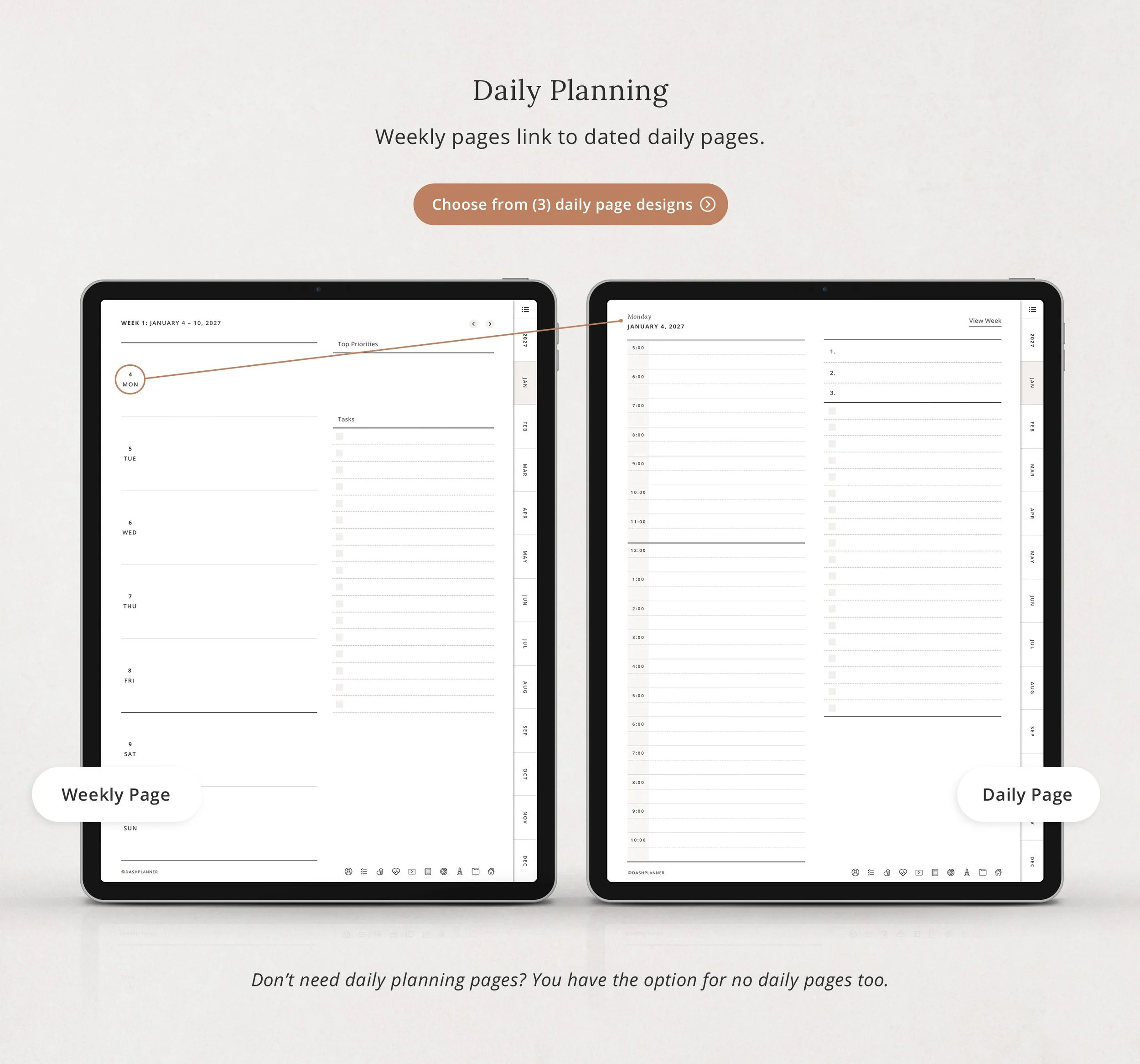 Hyperlinked weekly page linking to a dated daily planner page on iPad. Choose from three daily page designs, or skip daily pages entirely. (Copy)