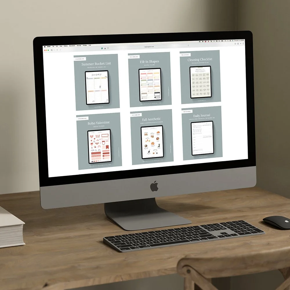 Free Dash Planner downloads shown on an iMac, including a bucket list, sticker sheets, cleaning checklist, and journal