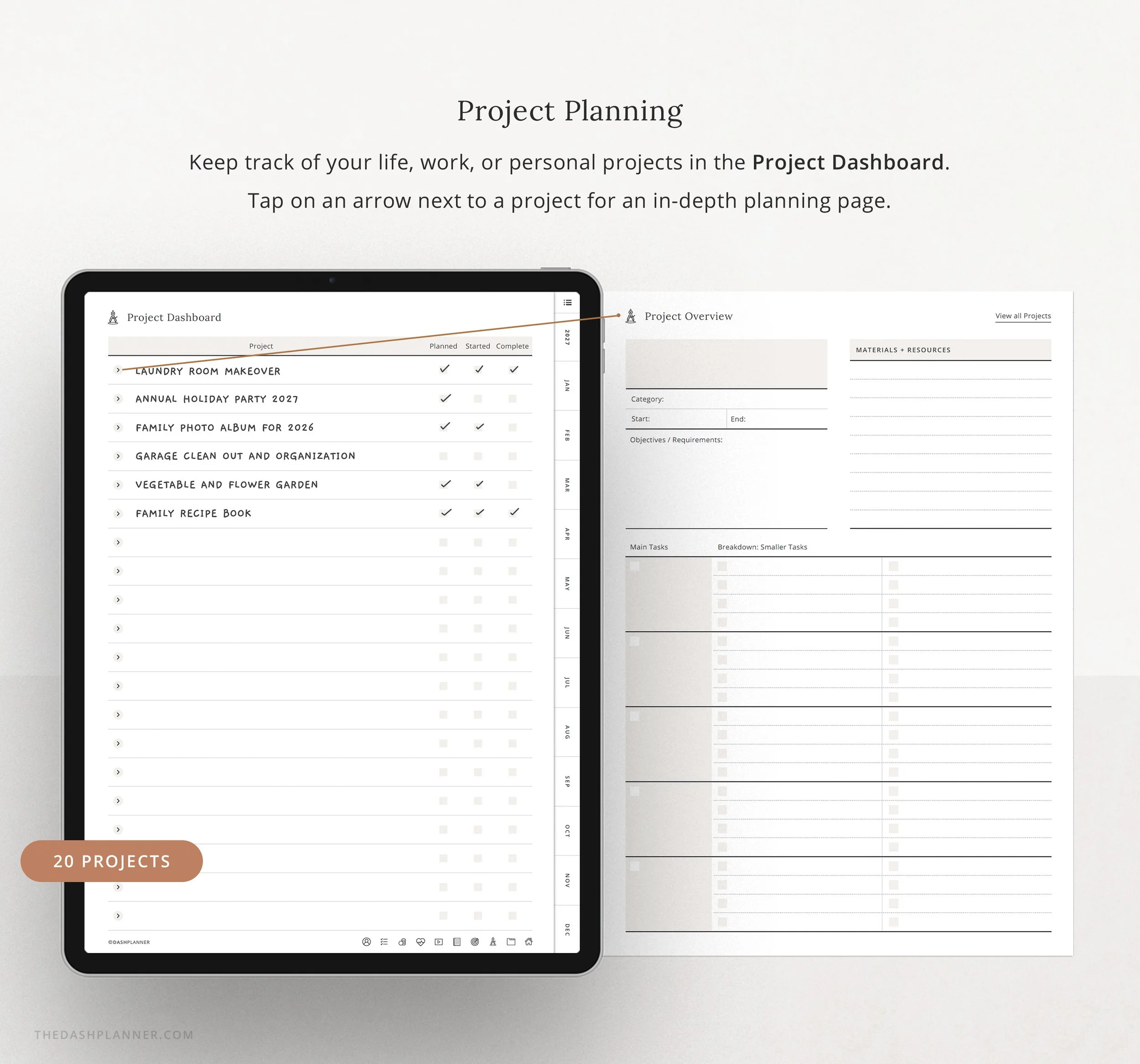 Project Dashboard for tracking up to 20 projects as planned, started, or complete, each linking to a Project Overview page for tasks and resources. (Copy)