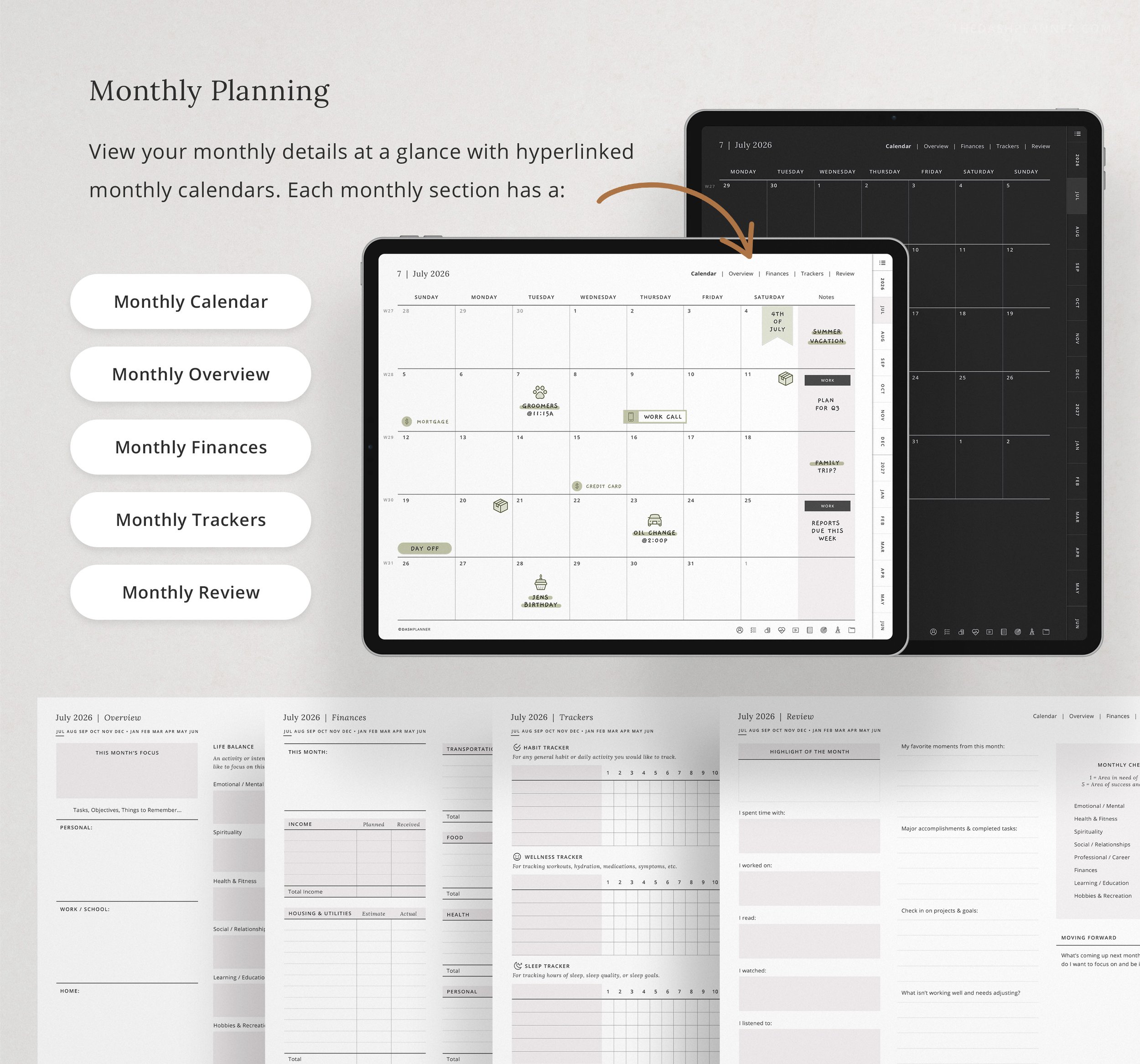 Digital mid-year planner monthly section on iPad showing a July 2026 calendar linked to overview, finances, trackers, and review pages