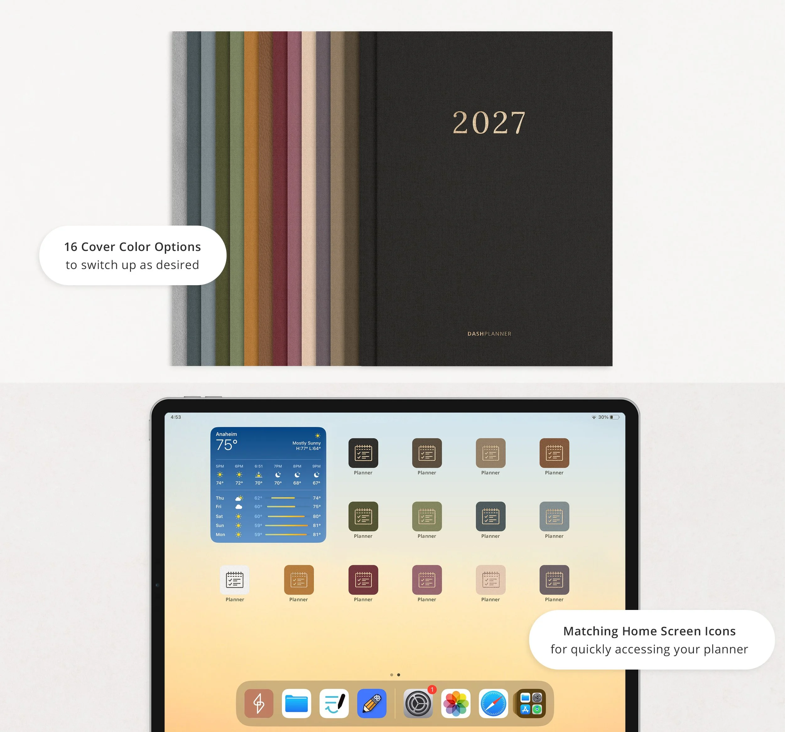 16 linen-look digital planner cover colors for the 2027 Dash Planner, plus matching iPad home screen icons for opening your planner quickly. (Copy)
