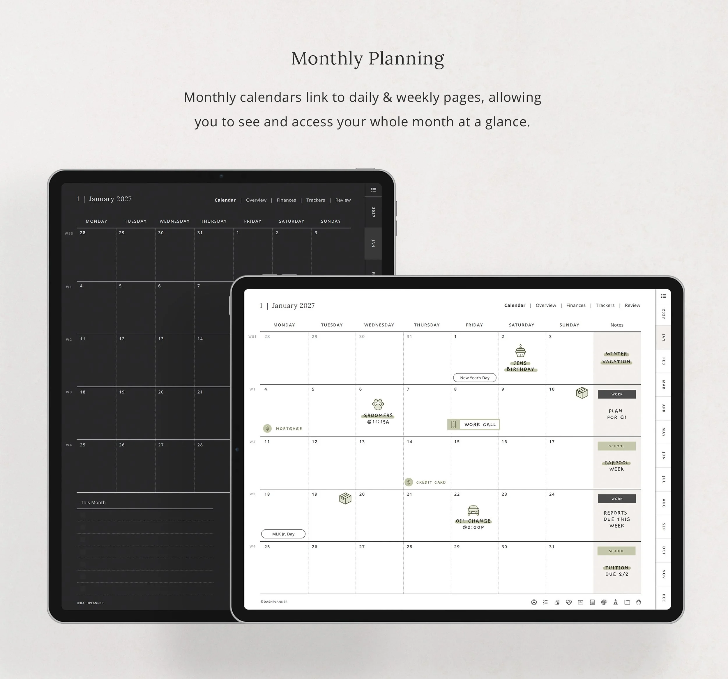 Hyperlinked monthly calendar for January 2027 in light and dark mode on iPad, with a notes column and links to daily and weekly pages. (Copy)