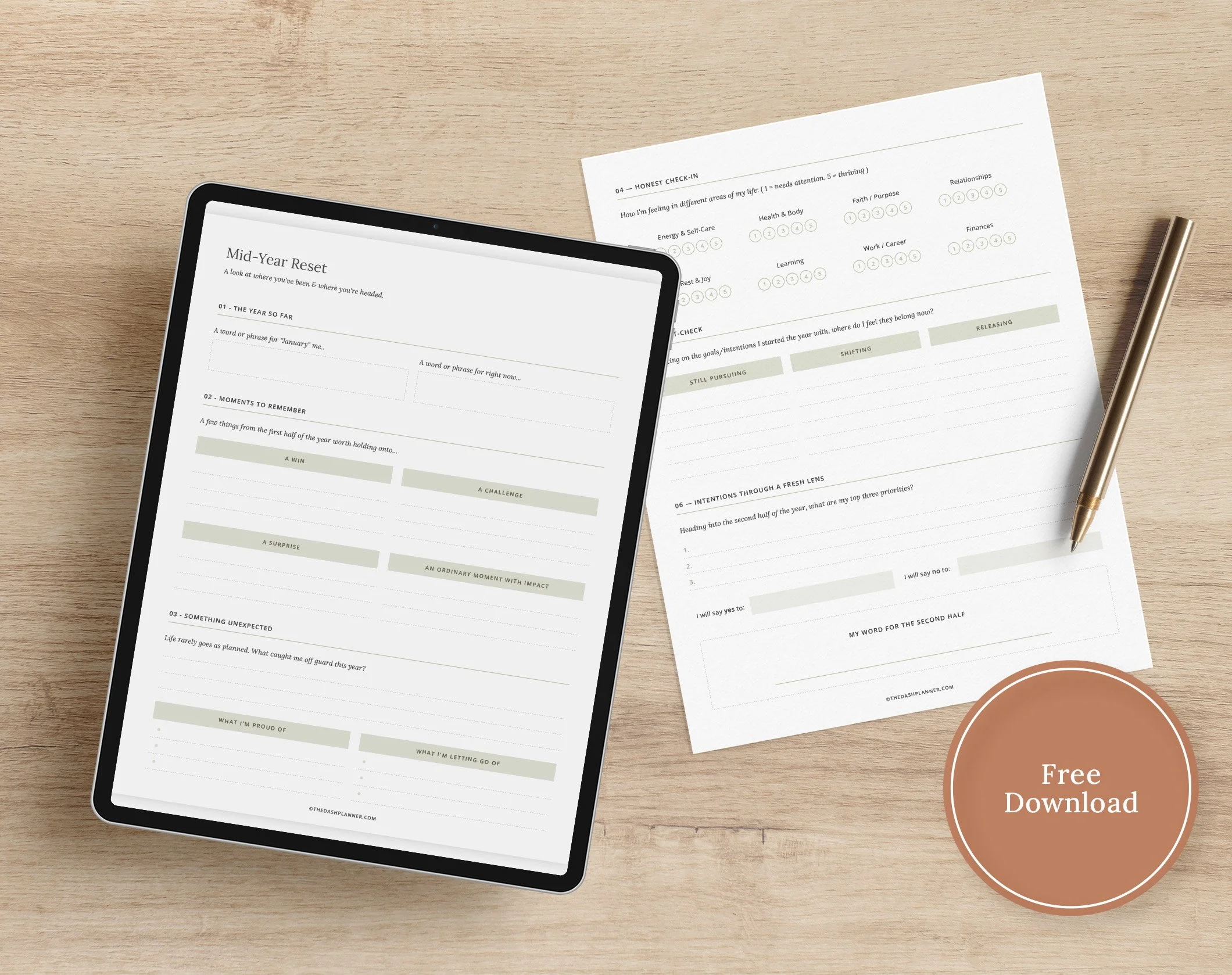 Free Mid-Year Reset worksheet shown on an iPad and printed page, with reflection prompts for the second half of the year