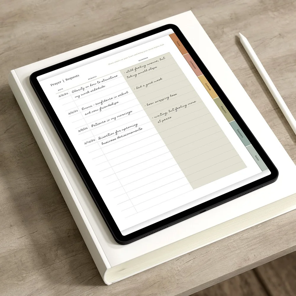 Digital prayer notebook on an iPad showing dated prayer requests with color-coded tabs for praise, gratitude, and notes