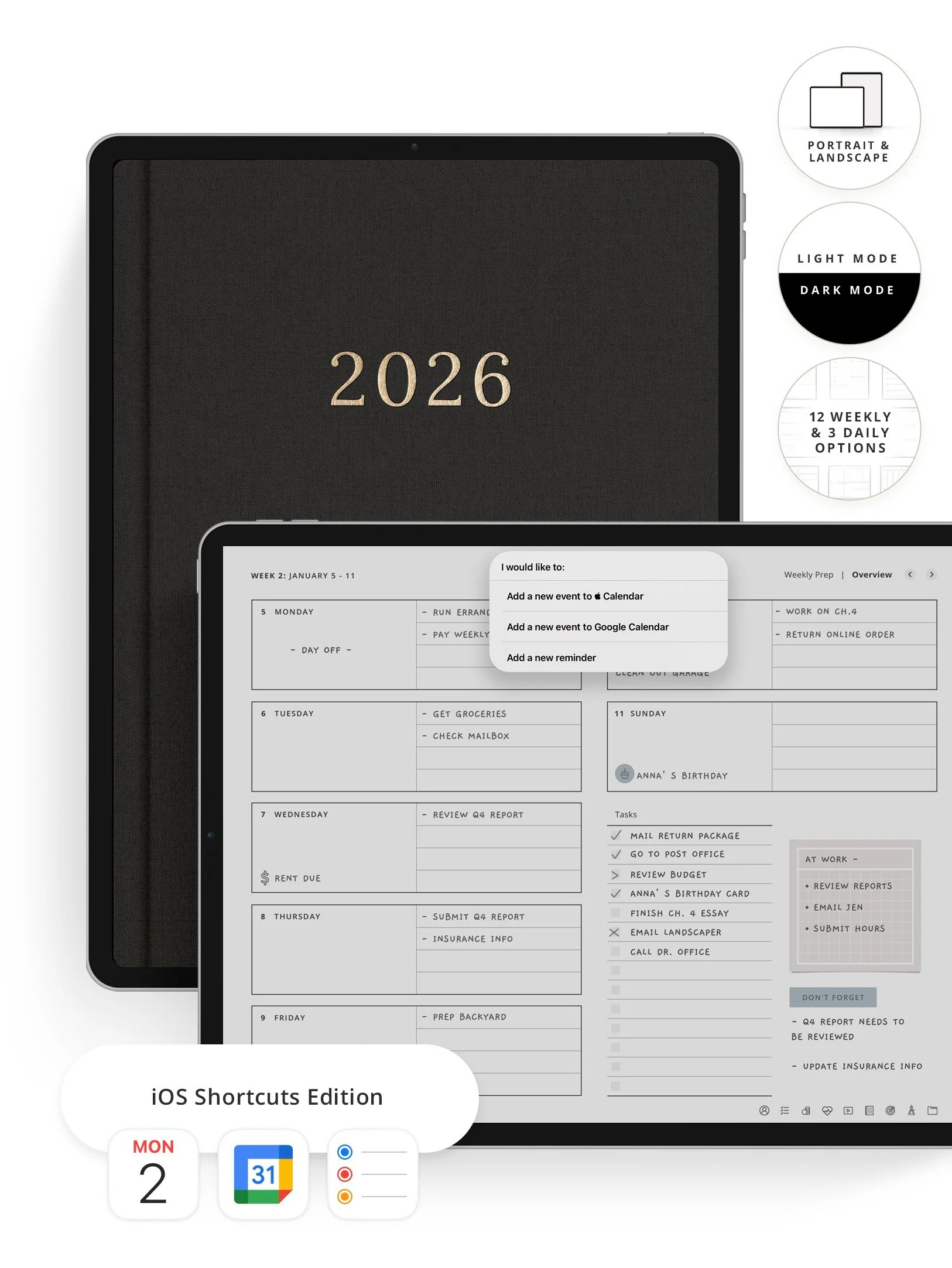 Includes tap-to-launch links for Calendar, Reminders, and Google Calendar (iOS only – not a sync).