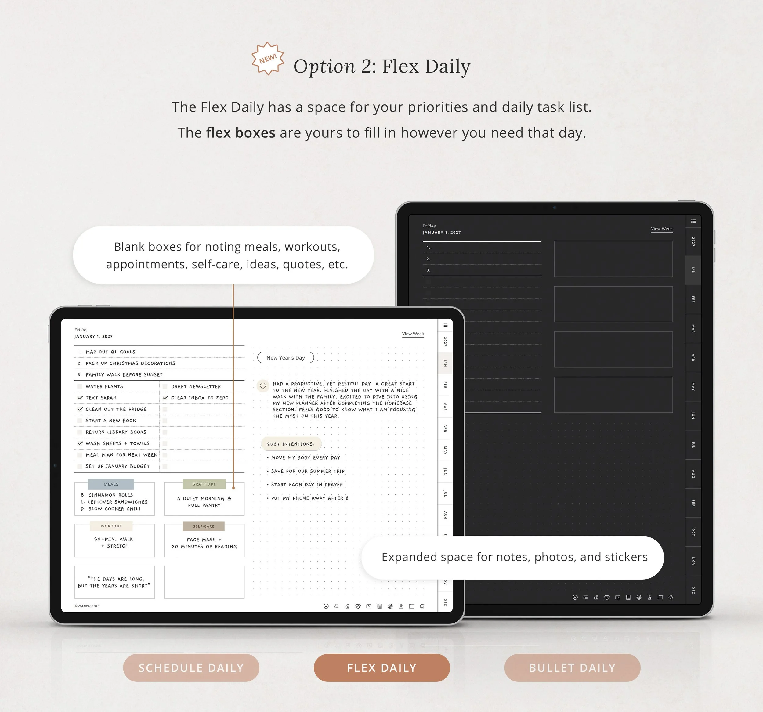 Flex Daily planner page with priorities, a task list, flex boxes for meals, workouts, and self-care, and a dot grid for notes, photos, and stickers. (Copy)