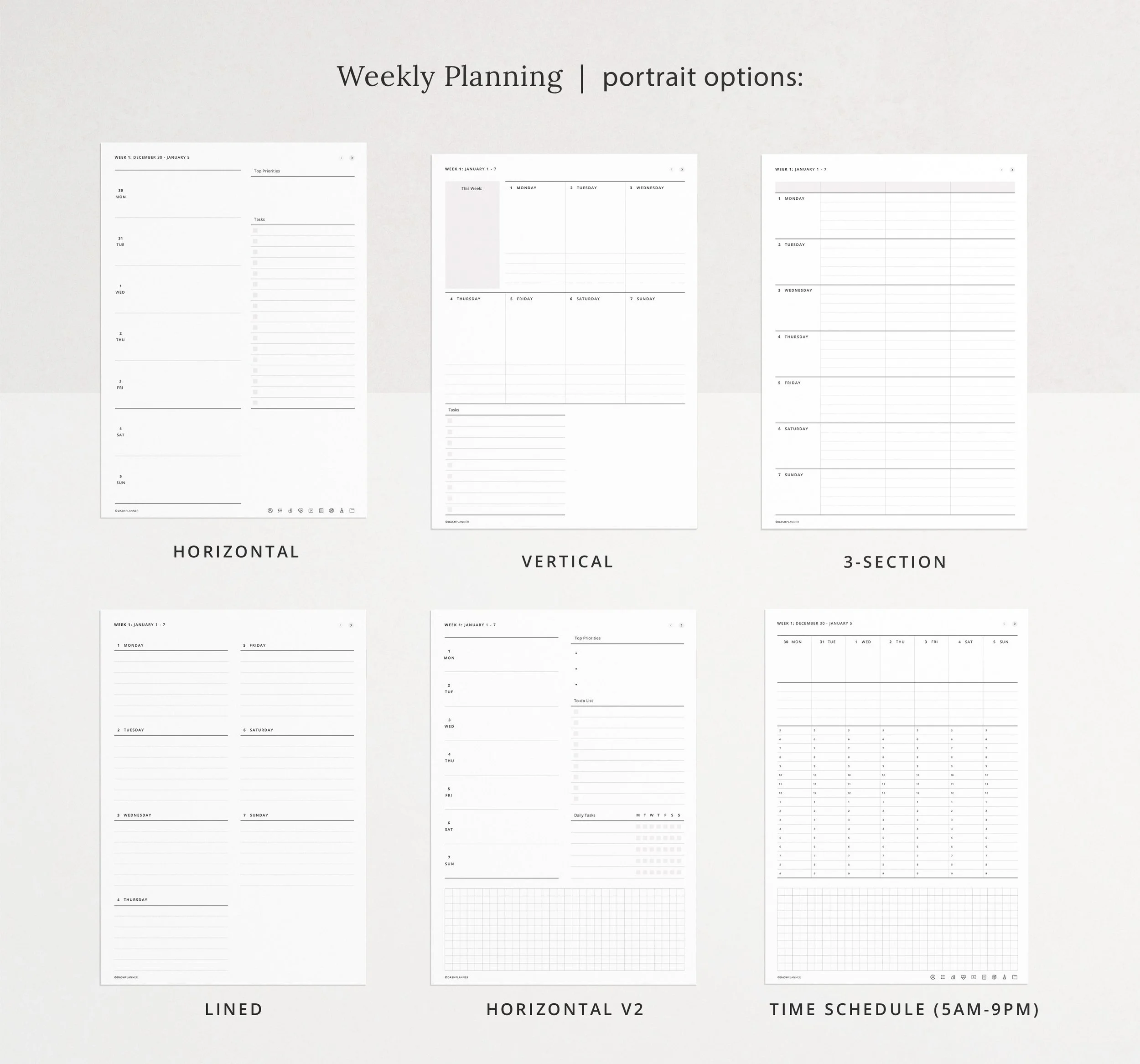 Six portrait weekly planner layouts for iPad: horizontal, vertical, 3-section, lined, horizontal v2, and time schedule from 5am to 9pm. (Copy)